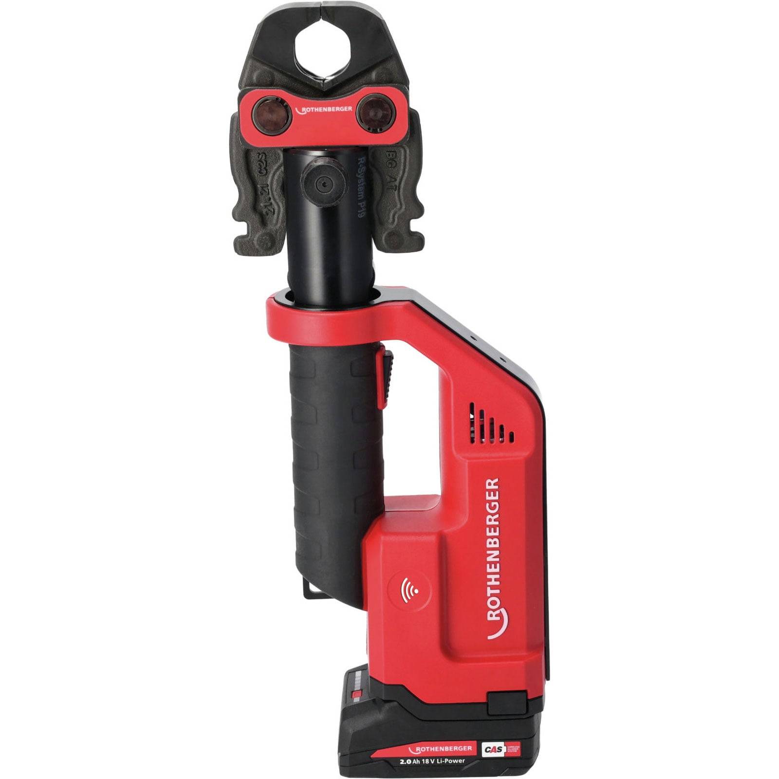 Ein roter Rothenberger Presswerkzeug mit schwarzem Griff, verwendet zum Verpressen von Rohren in der Sanitär- und Heizungstechnik.