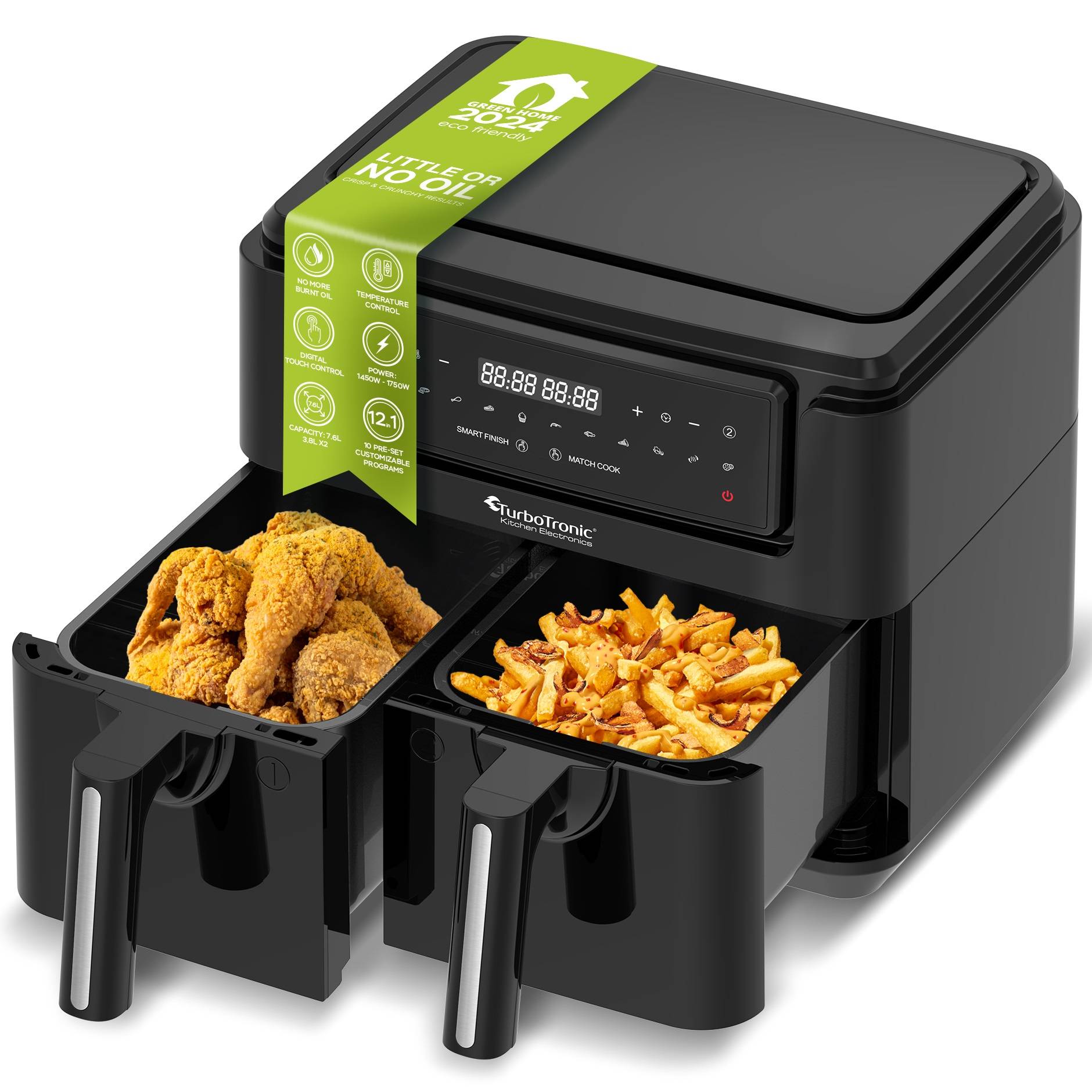 Heißluftfritteuse XXL doppel Airfryer 1750W 7,6L 2x 3,8L Kammer 12 Programme digitale Heißluft Fritteuse ohne Fett Öl Dual Luftfritteuse Air Friteu