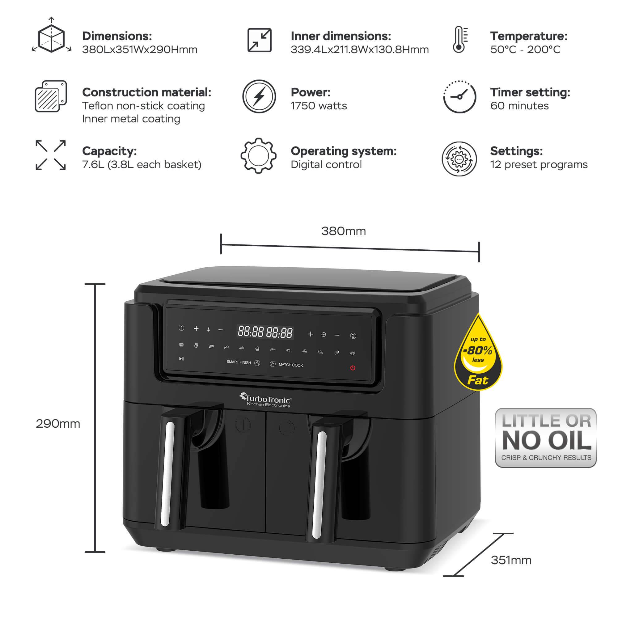 Heißluftfritteuse XXL doppel Airfryer 1750W 7,6L 2x 3,8L Kammer 12 Programme digitale Heißluft Fritteuse ohne Fett Öl Dual Luftfritteuse Air Friteu