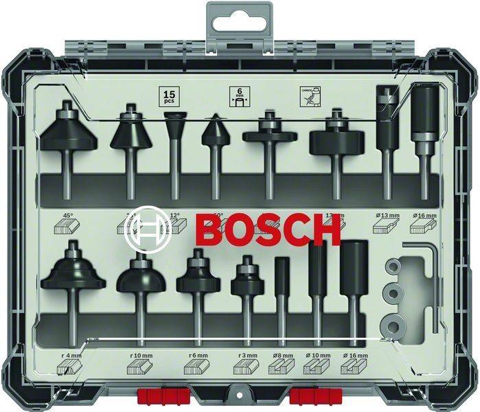 Ein Set aus 15 Bosch-Bohrern in einem Etui, in zwei Reihen angeordnet mit spezifischen Maßangaben, geeignet für Holz- und Metallbohrungen.