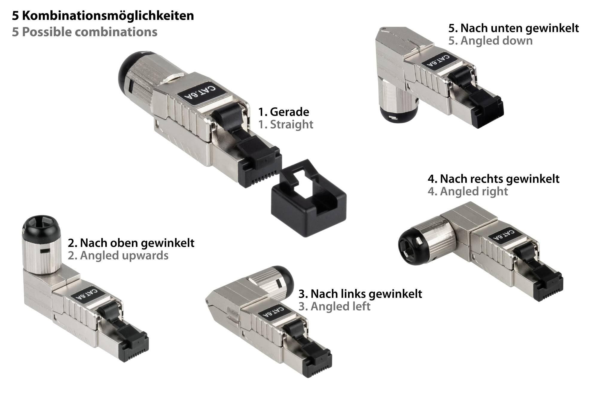 RJ45 Stecker Cat. 6A, werkzeuglos / feldkonfektionierbar, STP geschirmt, Metall, 5 Richtungen
