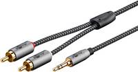 Drei Audiokabel mit Metall-RCA-Steckverbindern und schwarzem geflochtenem Mantel, gezeigt vor weißem Hintergrund.