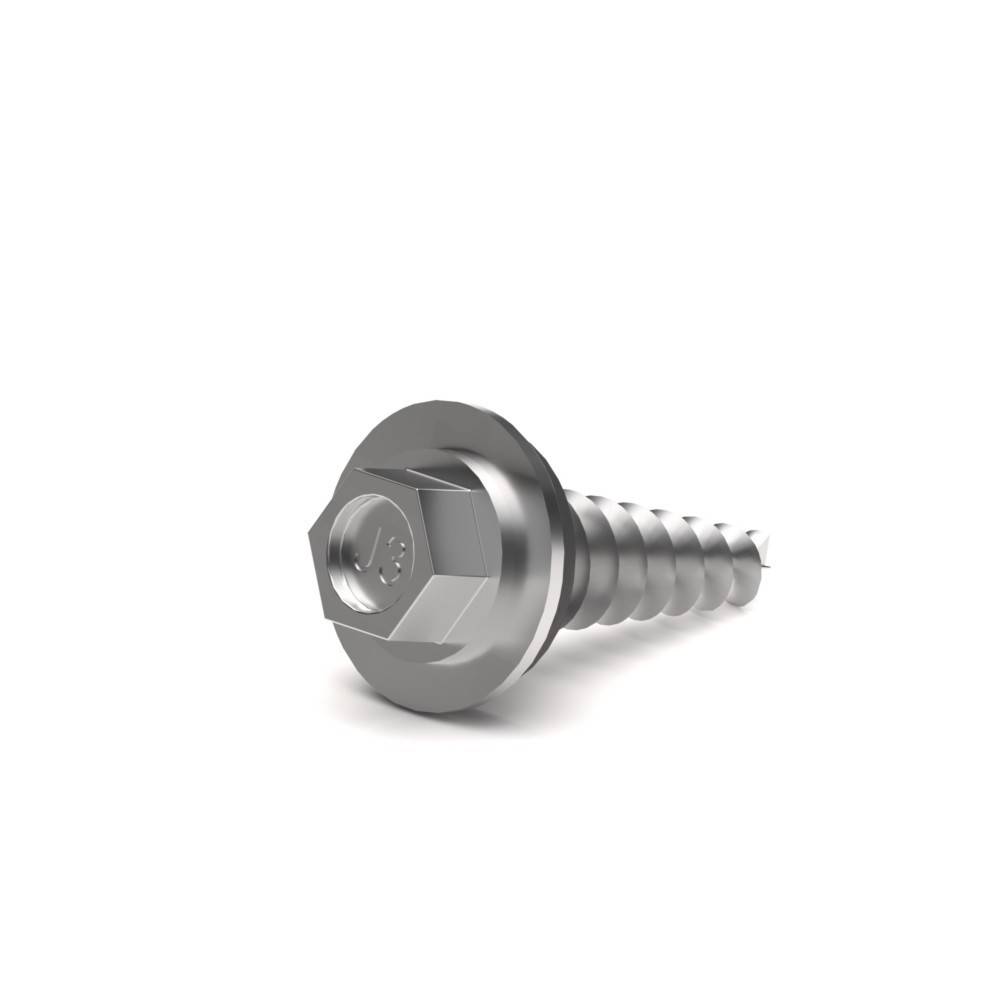 Eine silberne Sechskant-Selbstbohrschraube von der Seite betrachtet, die ihre scharfe Spitze und das Spiralgewinde zur Montage von Metall zeigt.