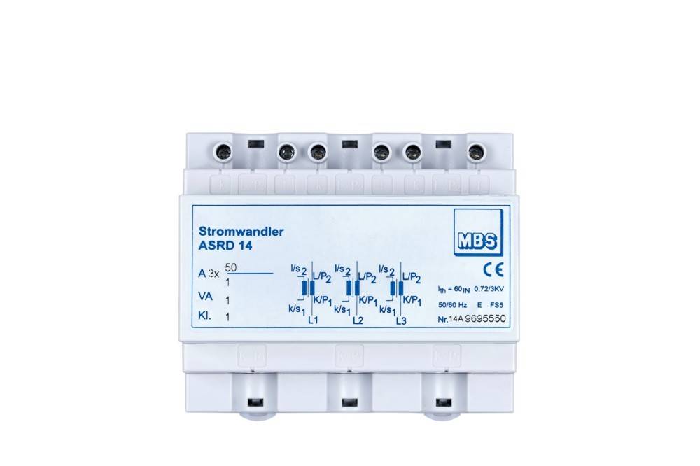 Stromwandler ASRD 14' elektrisches Gerät mit Anschlussanschlüssen und gekennzeichneten Abschnitten. Marken und Modell werden angezeigt, geeignet für elektrische Installationen.