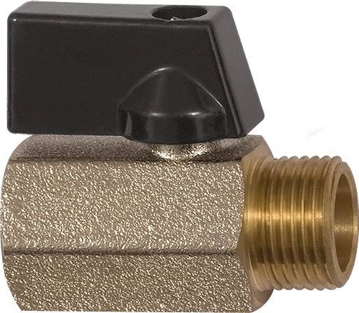 Ein Metallkugelventil mit einem schwarzen Hebel, das zur Steuerung des Fluidflusses verwendet wird, in einer Nahaufnahme von der Seite.