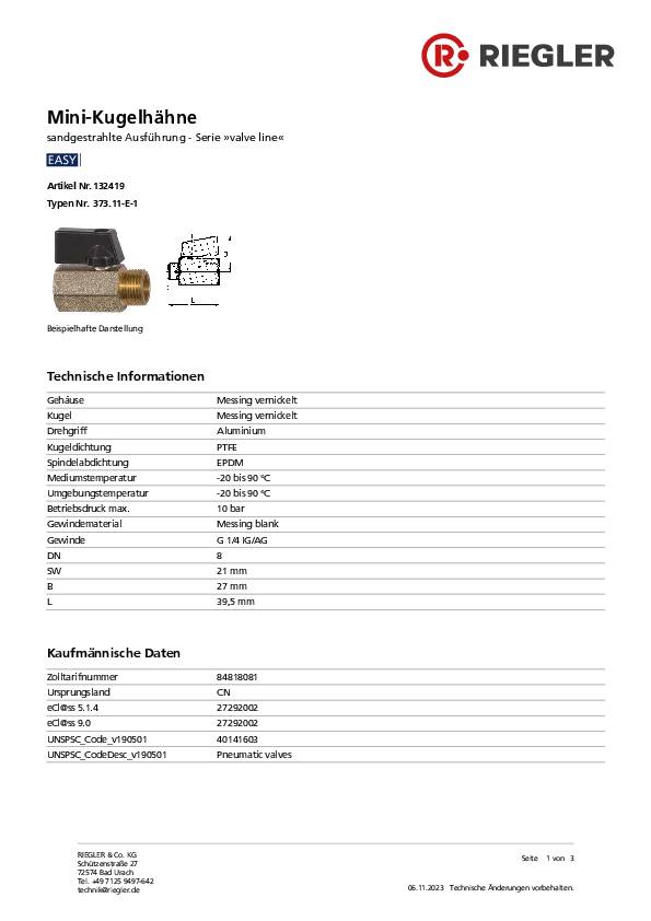 Mini-Kugelhahn VALVE LINE 6mm 1/4 IG/AG DN 8mm RIEGLER