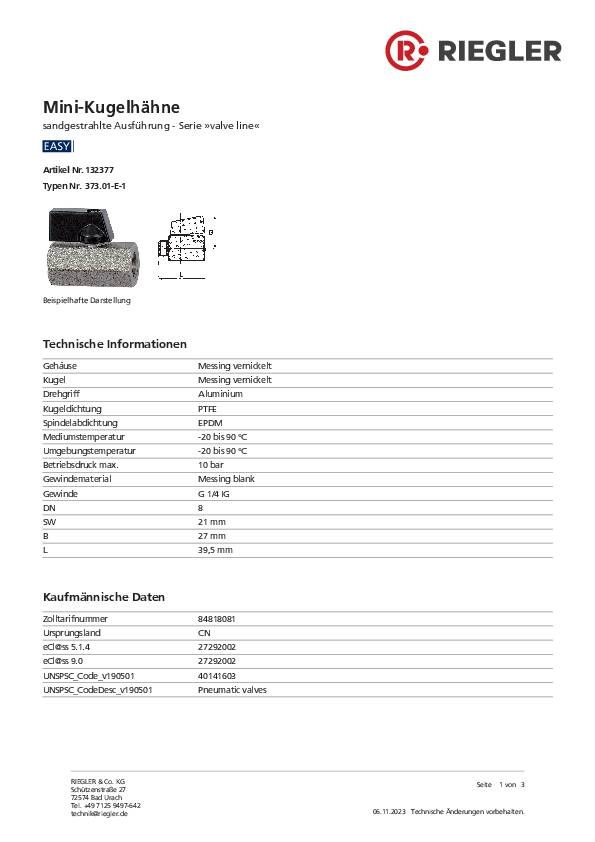 Mini-Kugelhahn VALVE LINE 6mm 1/4 IG/IG SW1 21mm DN 8mm RIEGLER