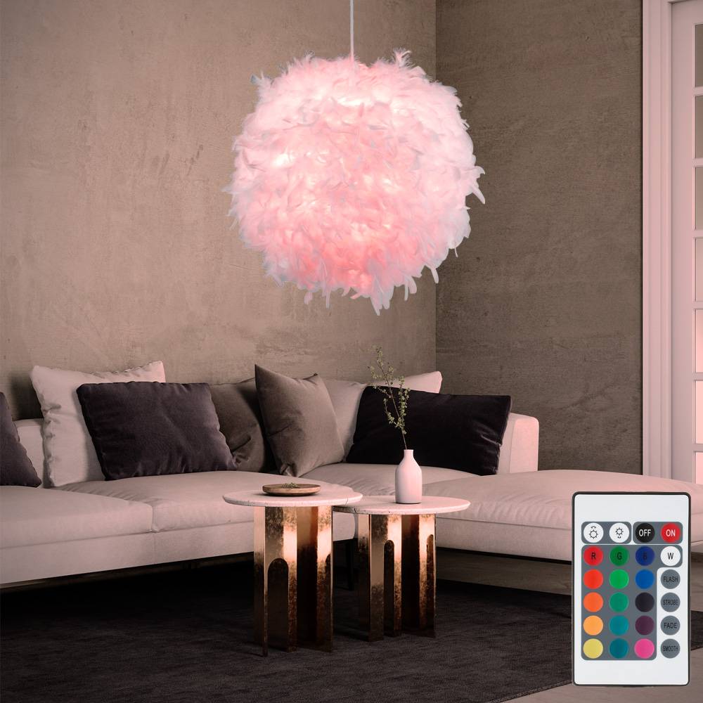 LED Pendellampe dimmbar mir Fernbedienung LED Hängelampe Federlampe Schlafzimmerlampe Wohnzimmer, Textil weiß Federn, 8,5W 806m warmweiß, DxH 60x13