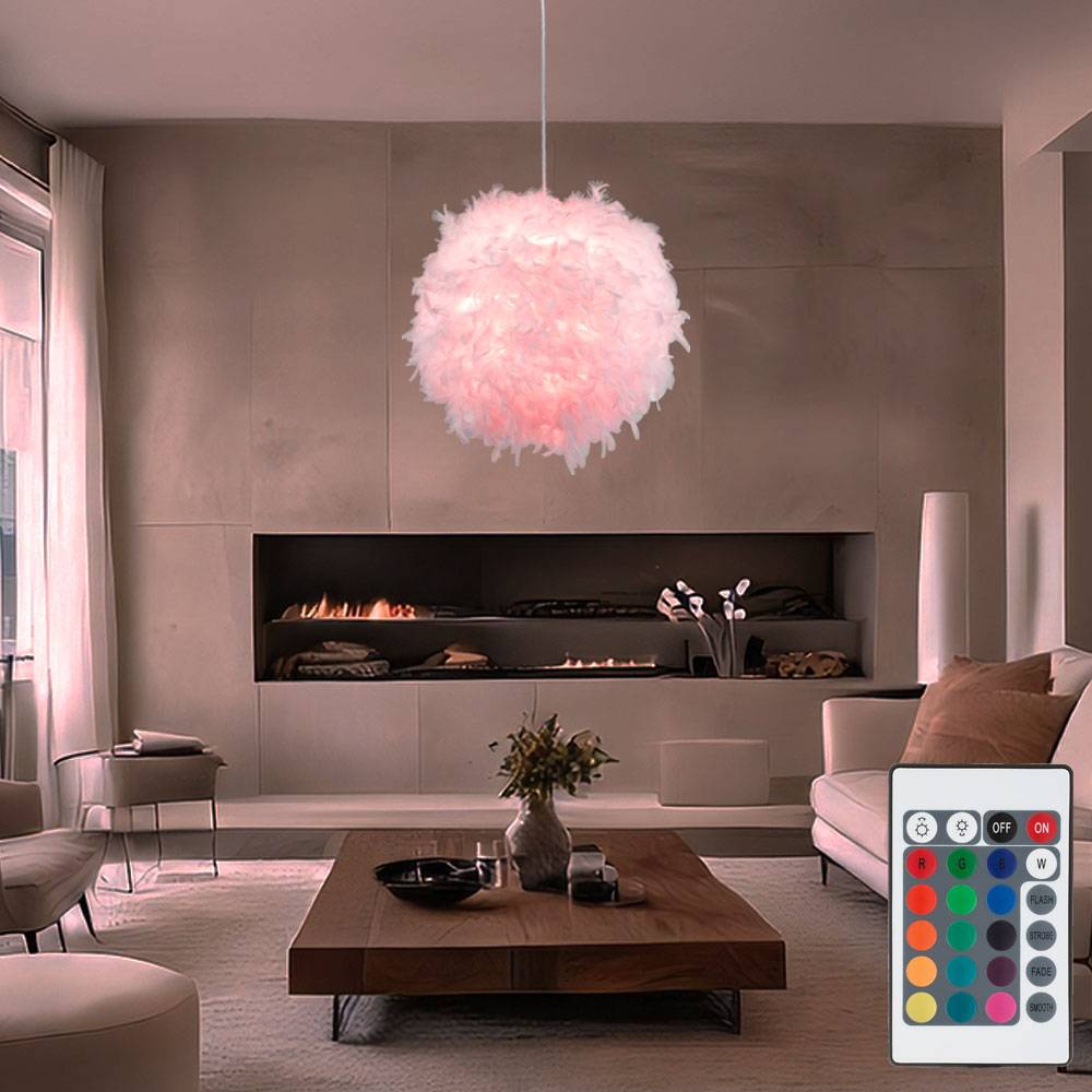 LED Pendellampe dimmbar mir Fernbedienung LED Hängelampe Federlampe Schlafzimmerlampe Wohnzimmer, Textil weiß Federn, 8,5W 806m warmweiß, DxH 60x13