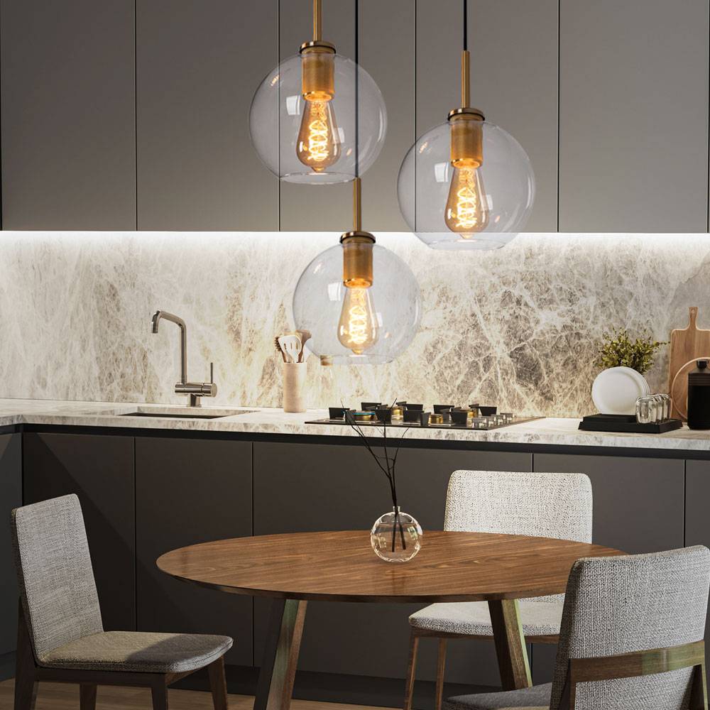 Glaskugel Hängelampe Pendelleuchte Esstisch Glaskugel Hängeleuchte Kugeln, 3 Flammig, Metall messing klar, 3x E27 Fassungen, DxH 47x120cm