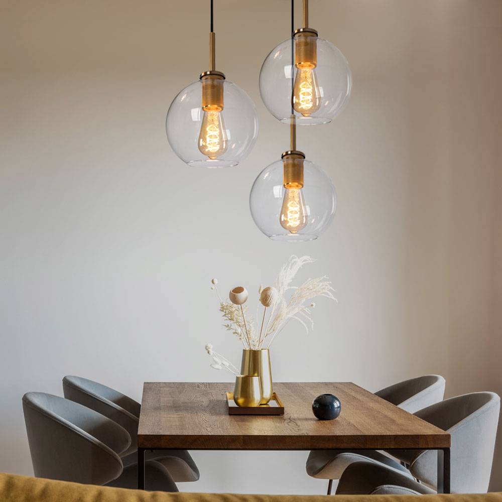 Glaskugel Hängelampe Pendelleuchte Esstisch Glaskugel Hängeleuchte Kugeln, 3 Flammig, Metall messing klar, 3x E27 Fassungen, DxH 47x120cm