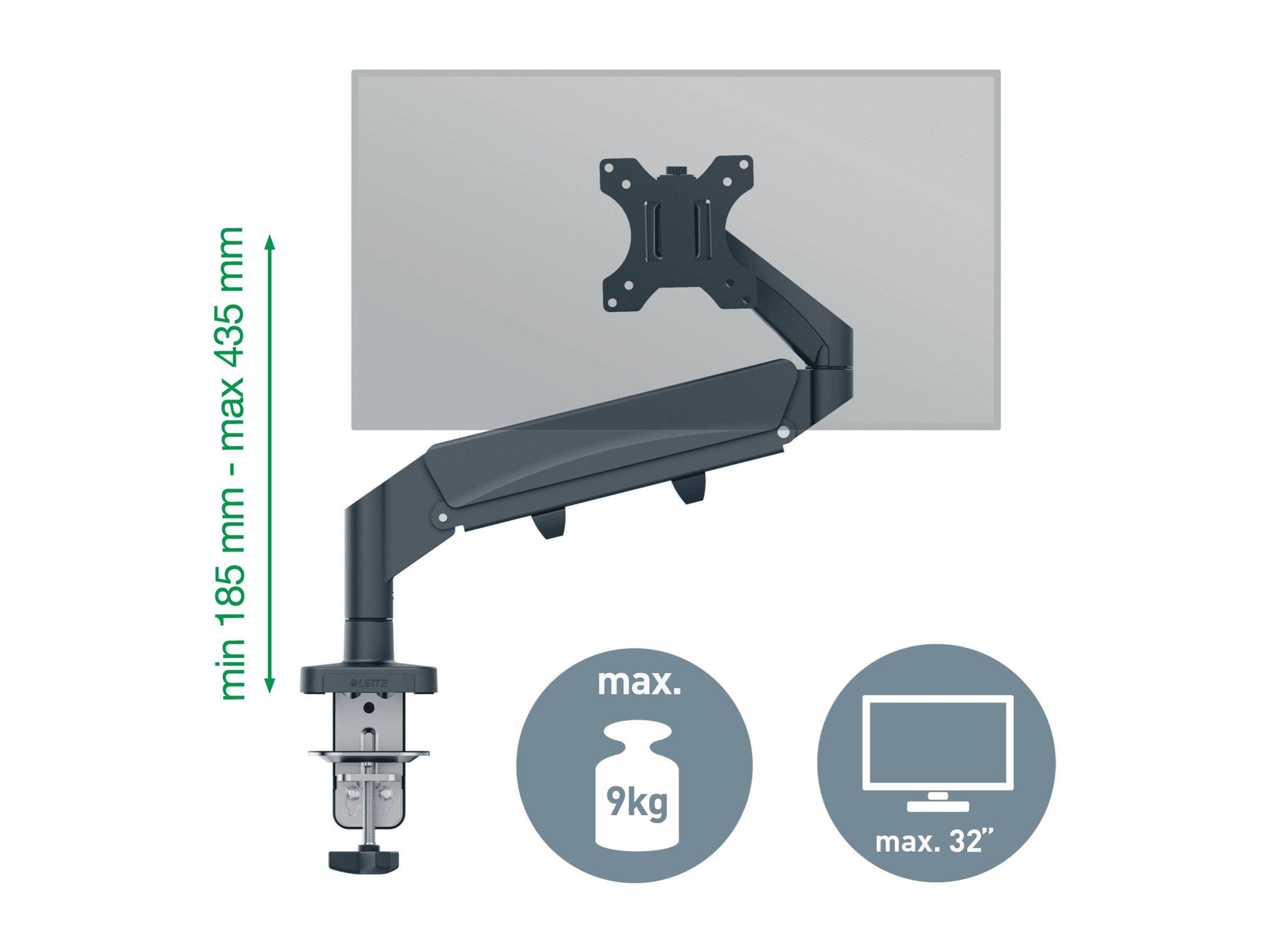 Verstellbarer Schreibtisch-Monitorarm mit Klemmhalterung, unterstützt Monitore bis zu 32 Zoll und 9 kg, Höhenbereich 185-435 mm.