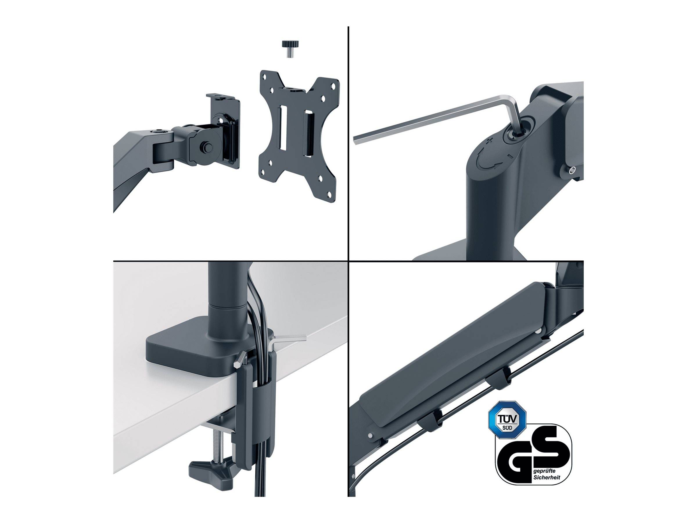 Vier-Panel-Montagediagramm einer Monitorhalterung: Montageplatte und Schrauben, Allen-Schlüssel-Verstellung, Schreibtischklemmen-Installation und Kabelmanagement mit TÜV GS-Sicherheitszeichen.