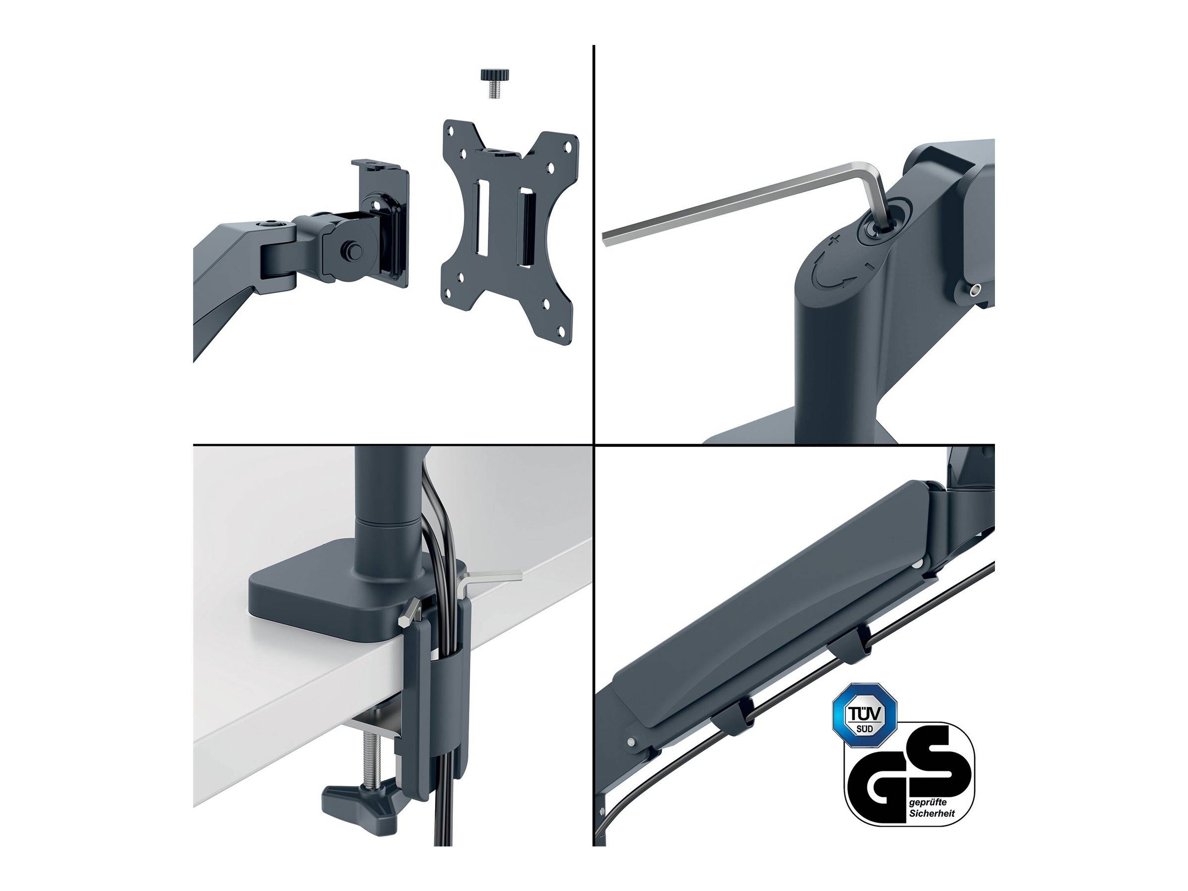 Vierteiltiges Produktbild einer Monitor-Arm-Tischhalterung: Halterungsbaugruppe, Allen-Schlüssel-Einstellung, Tischklemme und ein Arm mit TÜV/GS-Sicherheitszertifizierung.