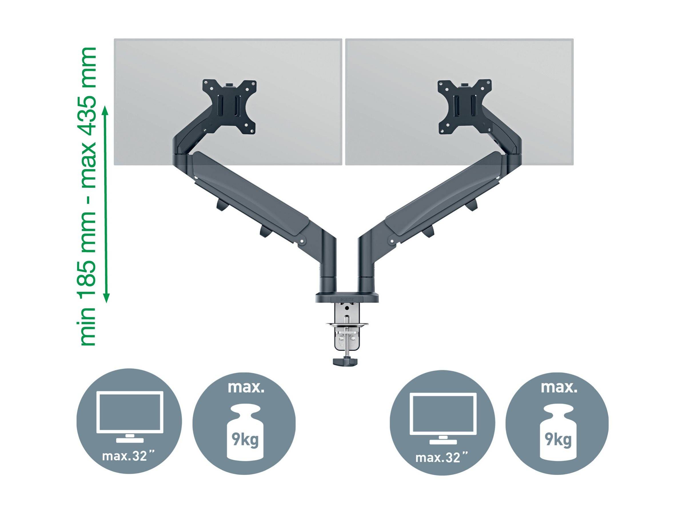 Dual-Monitor-Arm unter dem Schreibtisch montiert, hält zwei Bildschirme; verstellbarer Höhenbereich 185 mm bis maximal 435 mm; jeder Arm unterstützt bis zu 9 kg und 32-Zoll-Monitore.
