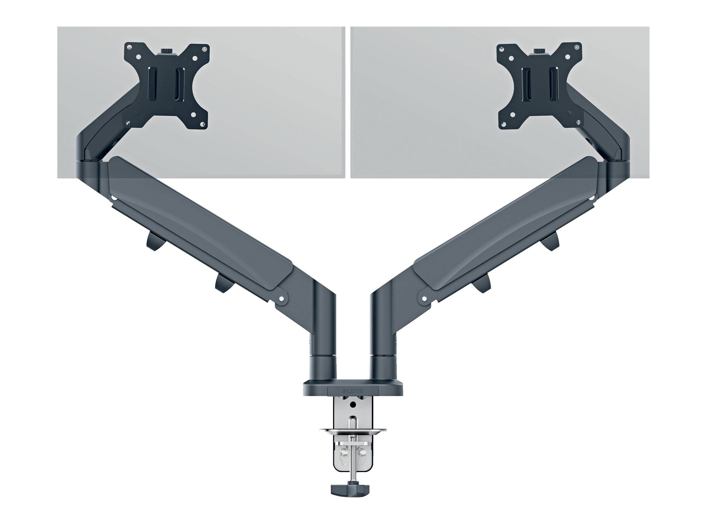 Dual-Arm verstellbare Monitorhalterung mit zwei VESA-Platten und Schreibtischklemme, dargestellt in symmetrischer Seite-an-Seite-Anzeige.
