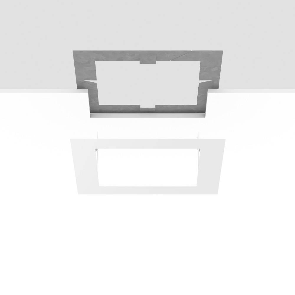 Eine minimalistische Deckenleuchte mit einem quadratischen Ausschnitt, vor einem schlichten Hintergrund, die moderne Designelemente hervorhebt.