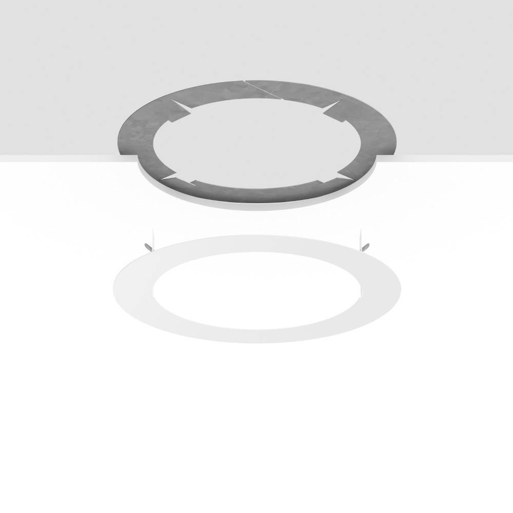 Eine runde Deckenleuchte mit minimalistischem Design strahlt ein weiches Licht aus, das sich auf einer weißen Oberfläche darunter spiegelt.