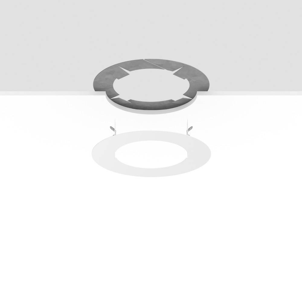 Eine weiße, minimalistische Deckenleuchte mit kreisförmigem Design wirft einen sanften Schatten auf die schlichte Decke.