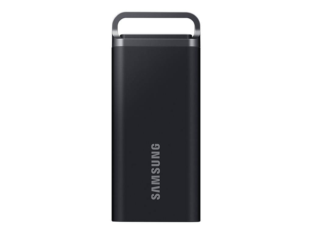 Schwarze tragbare Samsung-Powerbank mit integriertem Griff, Vorderansicht auf weißem Hintergrund gezeigt.