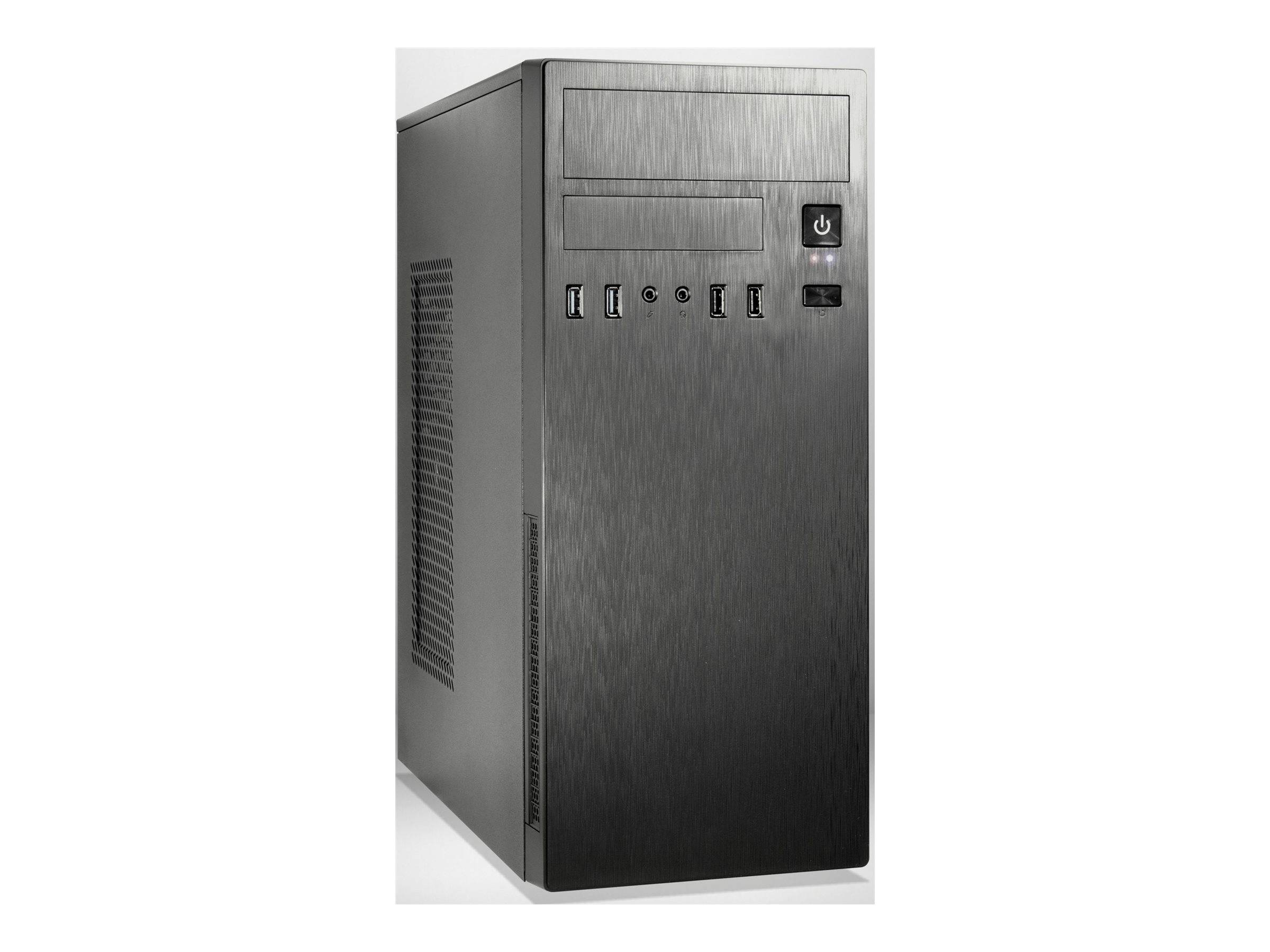 Schwarzer, gebürsteter Metall-Desktop-Computerturm mit vorderer Stromtaste, Laufwerkschächten und USB-/Audioanschlüssen.