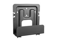 Schwarze Metall-Wandhalterung oder Halter mit einer vorderen Lippe, dargestellt auf weißem Hintergrund.