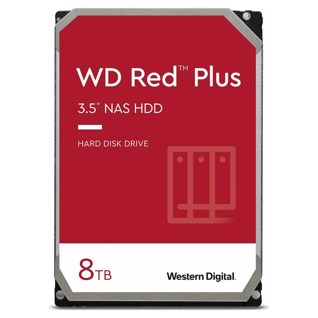 WD Red Plus 8TB 3,5-Zoll-NAS-Festplattenlaufwerk von Western Digital, dargestellt als Produktvorderetikett.