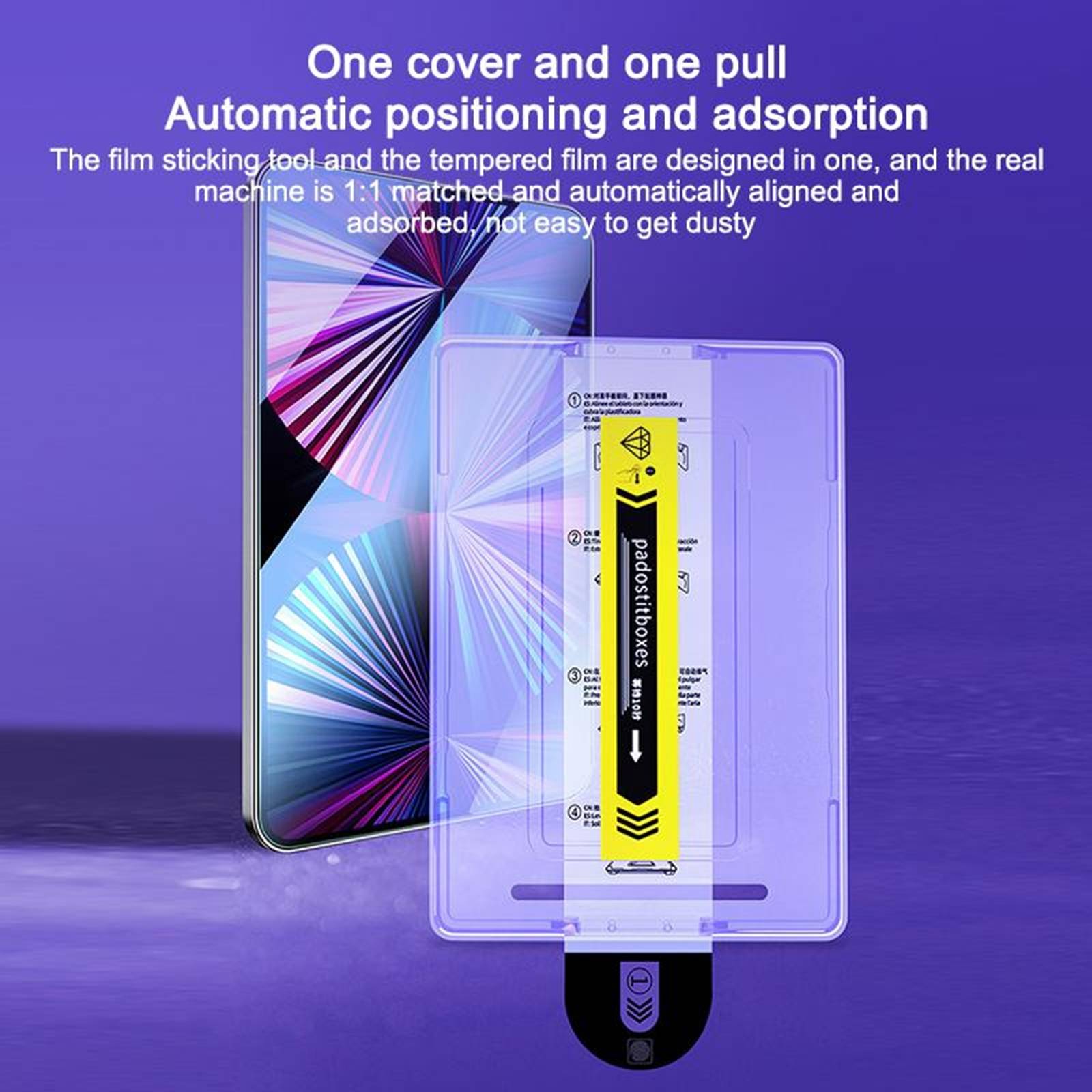 Ein Telefondisplay, das mit einem Schutzfolien-Werkzeug abgedeckt wird. Der Text betont die automatische Positionierung und Adsorption und gewährleistet eine präzise Ausrichtung.