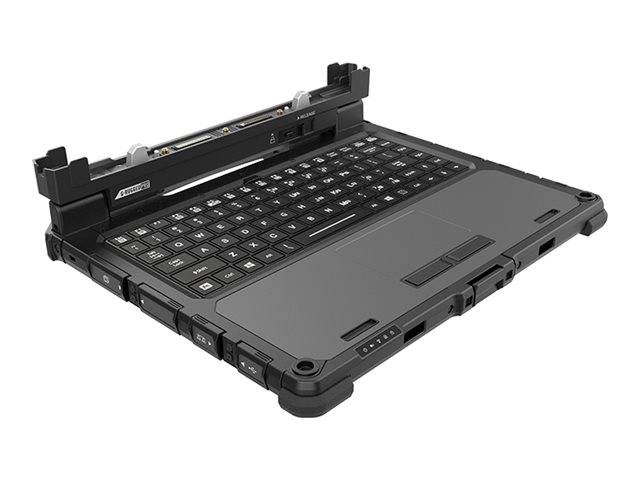 Robustes Laptop-Tablet mit integrierter Tastatur, geschlossen in schräger Ansicht auf weißem Hintergrund dargestellt.