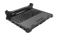 Schwarze Laptop-Tastaturabdeckung oder Schutzhülle geöffnet dargestellt, mit erhöhten hinteren Halterungen und einem großen Touchpad-Bereich auf der rechten Seite.
