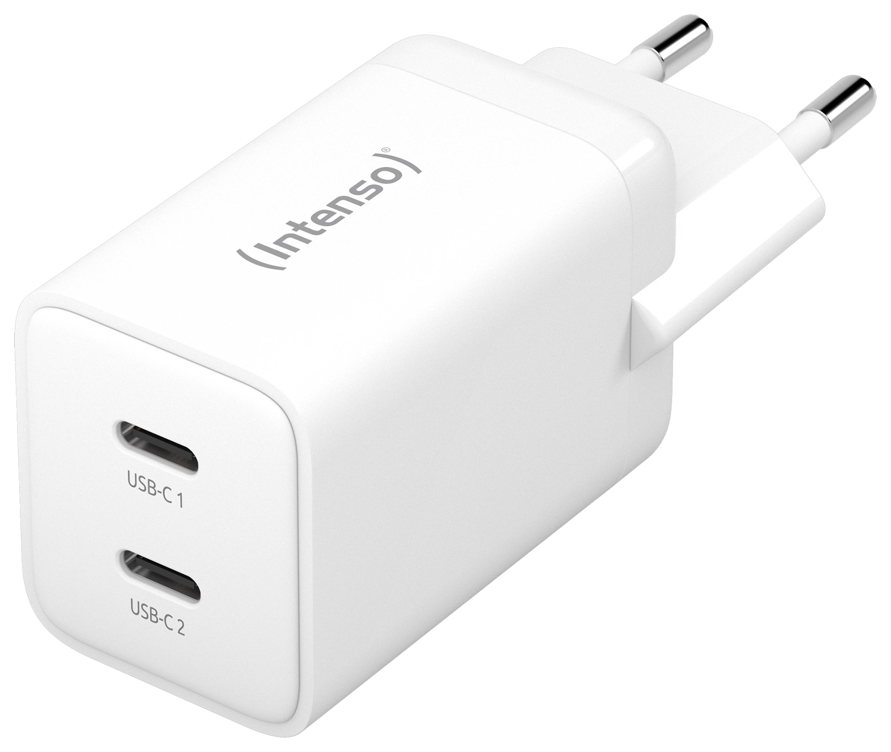 Weißes Intenso USB-Wandladegerät mit zwei USB-C-Anschlüssen und europäischem Zweipolstecker.