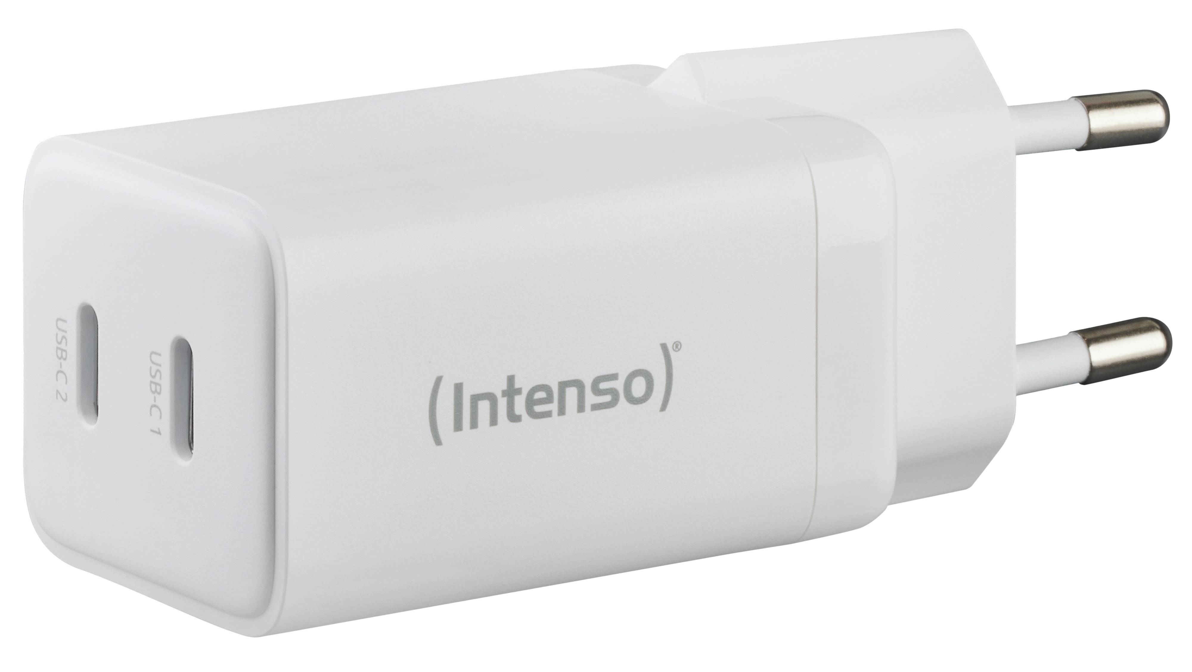 Weißes Intenso USB-Wandladegerät mit zwei europäischen Steckerpins und zwei vorderen USB-Anschlüssen.
