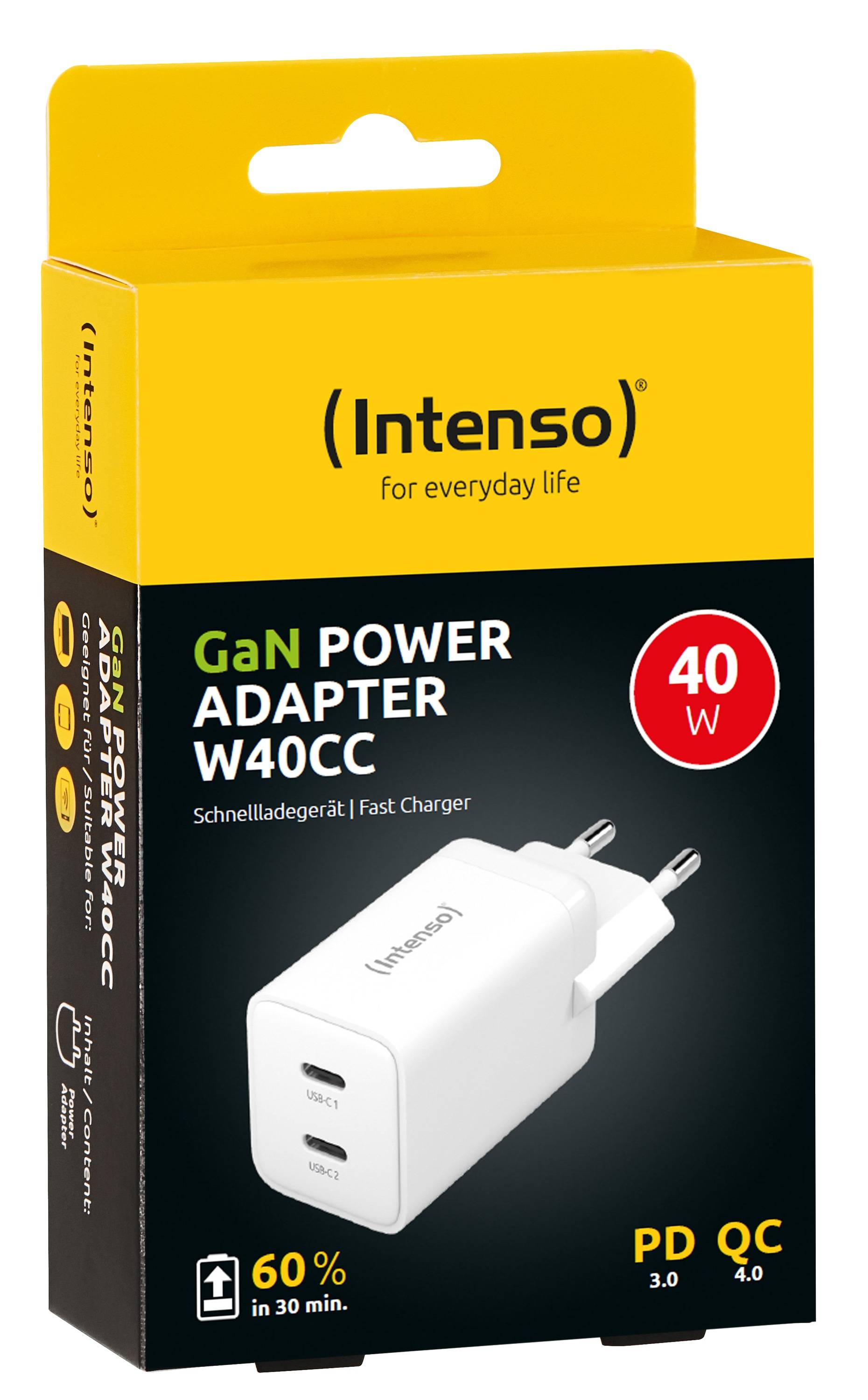 Intenso GaN-Stromadapter W40CC Karton, weißes Ladegerät abgebildet, 40W Ausgangsleistung, PD QC 3.0/4.0 Schnellladen, '60% in 30 Min.