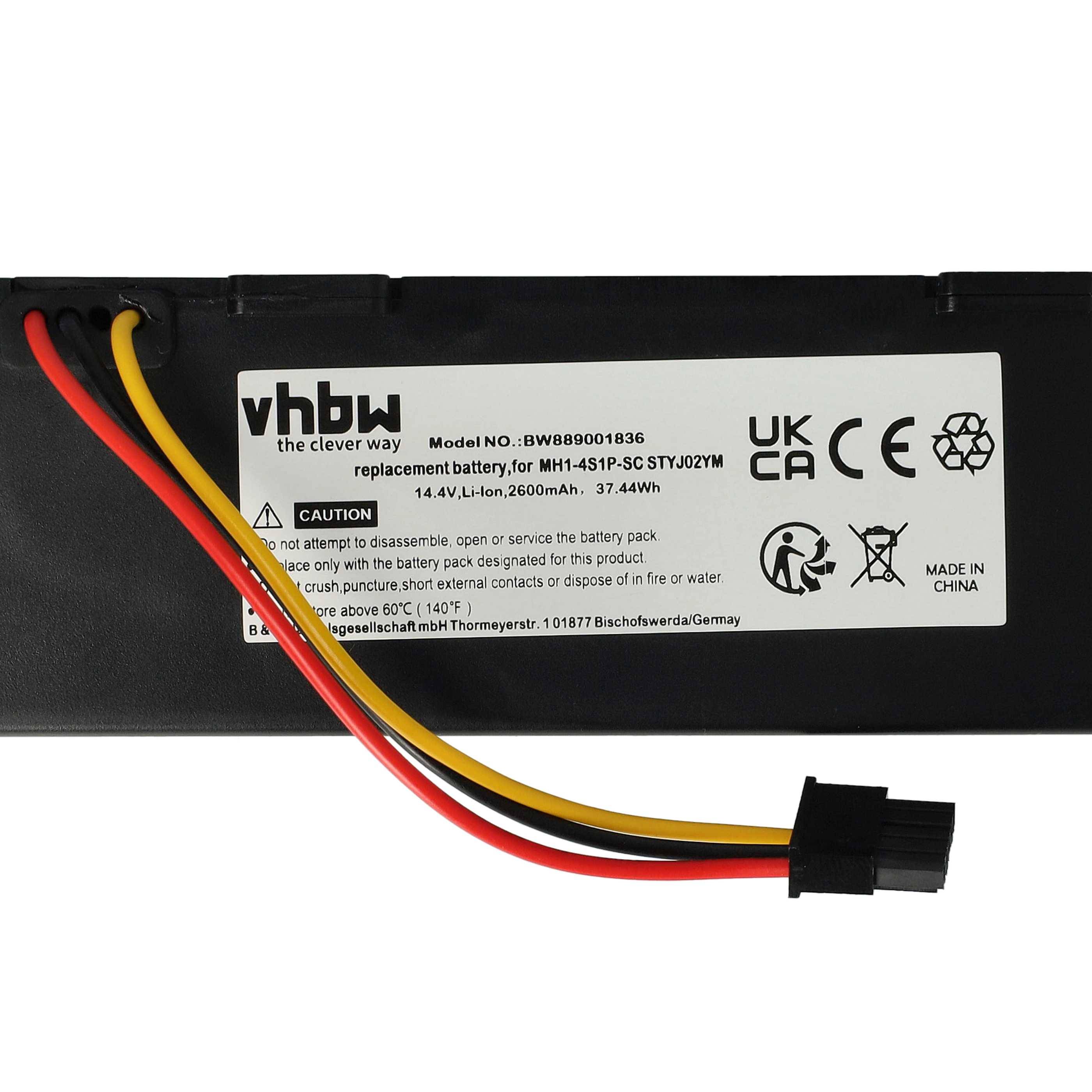 Schwarzer rechteckiger Akku mit Etikett: 'vhbw, Modell-Nr. BW80001836, Ersatzakku für MH1-4S1P-SC STYJ02YM, 14,4V Li-Ion, 2600mAh.