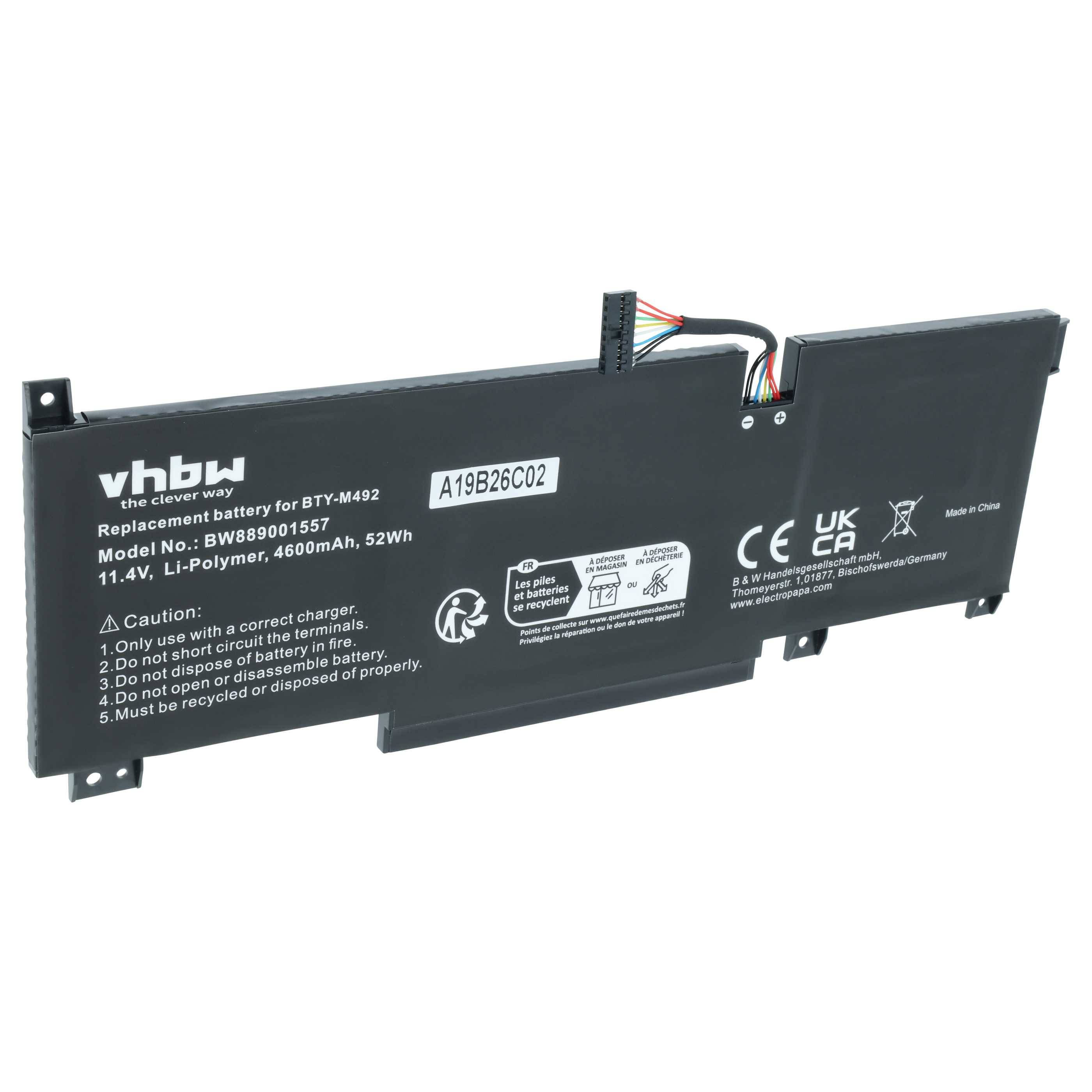 vhbw Akku kompatibel mit MSI Katana GF76 11UC-664TW, 11UD, 11UD-001US, 11UD-050, 11UD-059XTR Notebook (4600 mAh, 11,4 V, Li-Polymer)