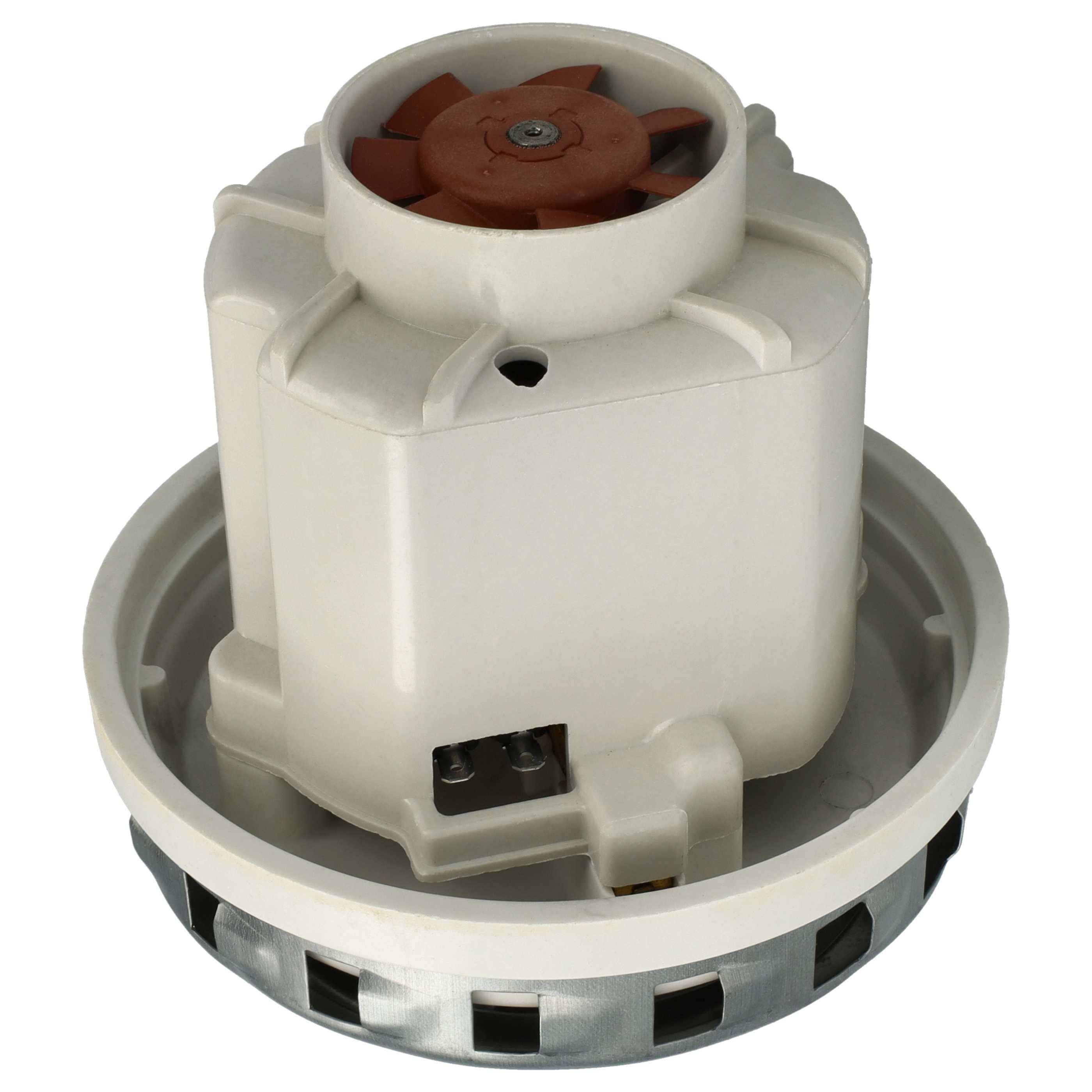 Ein Elektromotor mit einem sichtbaren Ventilatorblatt oben, entwickelt für Geräte wie Staubsauger, der seine drehbare, zylindrische Struktur präsentiert.