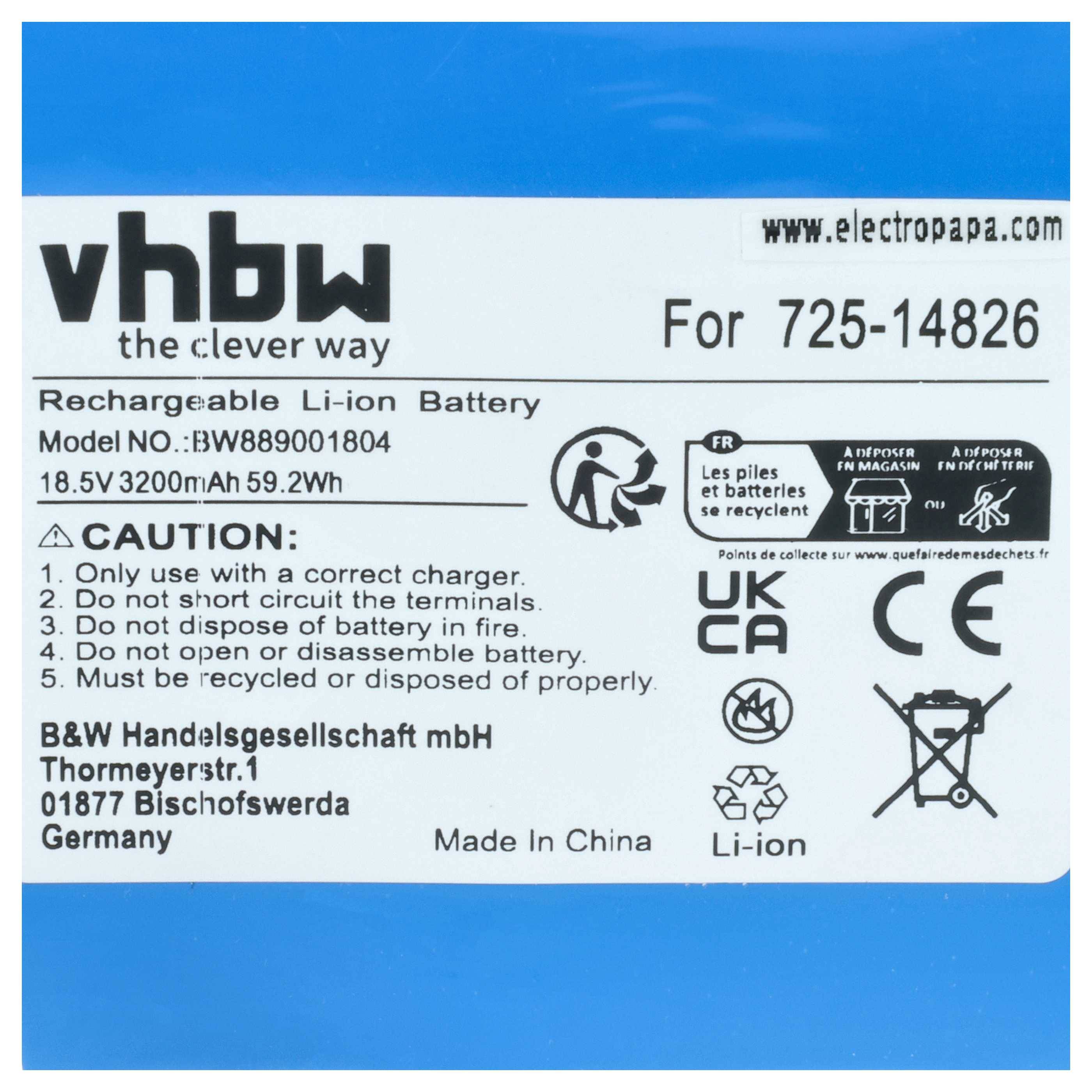 vhbw Akku Ersatz für Robomow 725-18426, 753-11203, 753-11204, 725-14826, 725-14827 für Rasenroboter (3200mAh 18,5V Li-Ion)