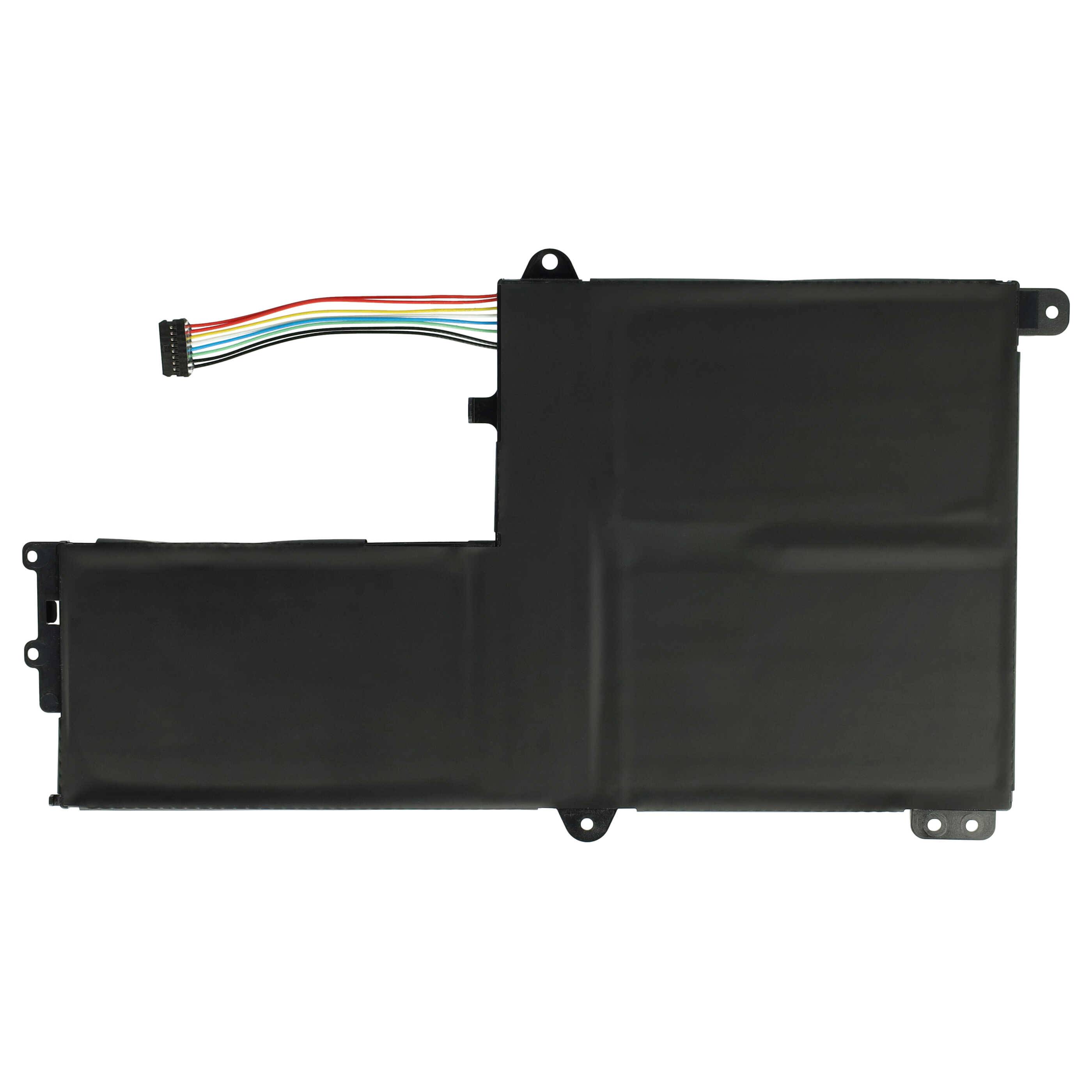 Eine rechteckige schwarze Laptop-Batterie mit einem farbigen Stecker-Kabel, das oben angebracht ist, bestimmt für Ersatz- oder Upgradezwecke.