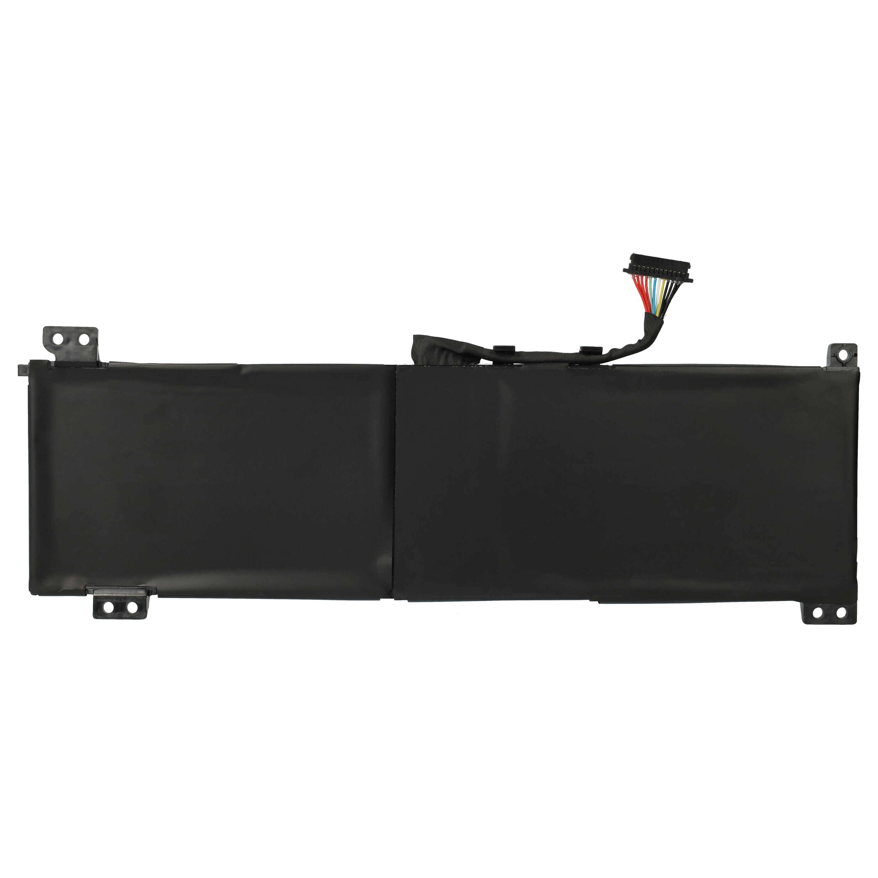 Ein rechteckiger schwarzer Laptop-Akku mit Anschlussdrähten oben, sichtbaren Anschlüssen an beiden Enden und Befestigungswinkeln an jeder Ecke.