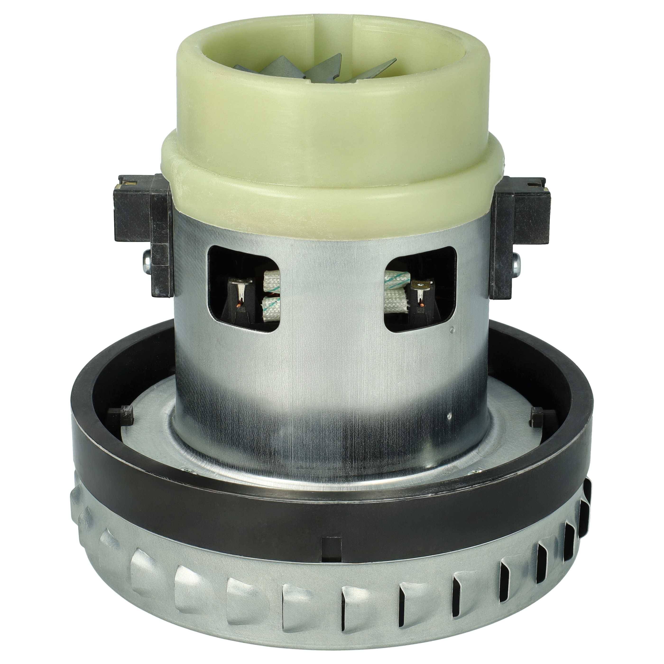 Ein Elektromotor aus Metall und Kunststoff mit freigelegten Wicklungen und Lüfterblättern, der seine zylindrische Form und Anschlussports präsentiert.