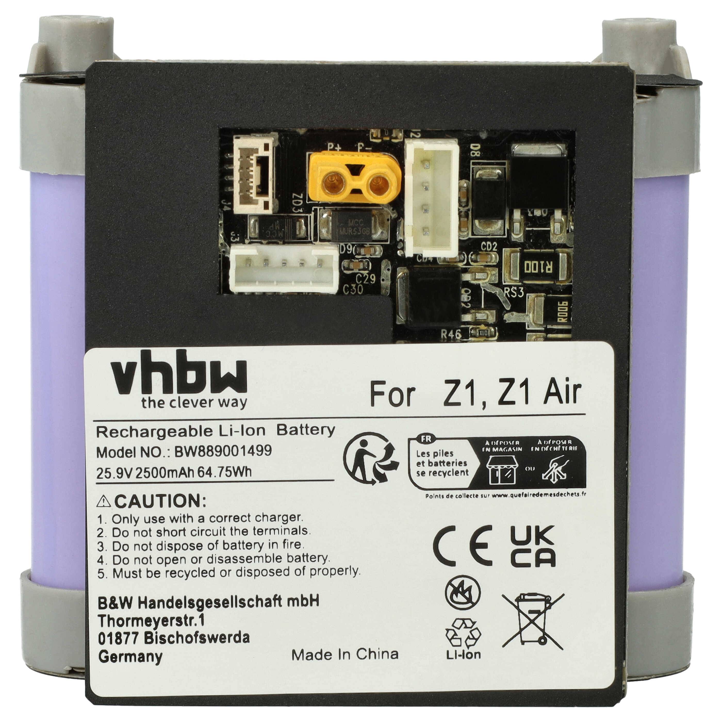 Lithium-Ionen-Batterie für Z1, Z1 Air. Modell BWB89001499, 25,9V, 2500mAh, 64,75Wh. Enthält Vorsichtsmaßnahmen und Zertifizierungszeichen. Hergestellt in China.
