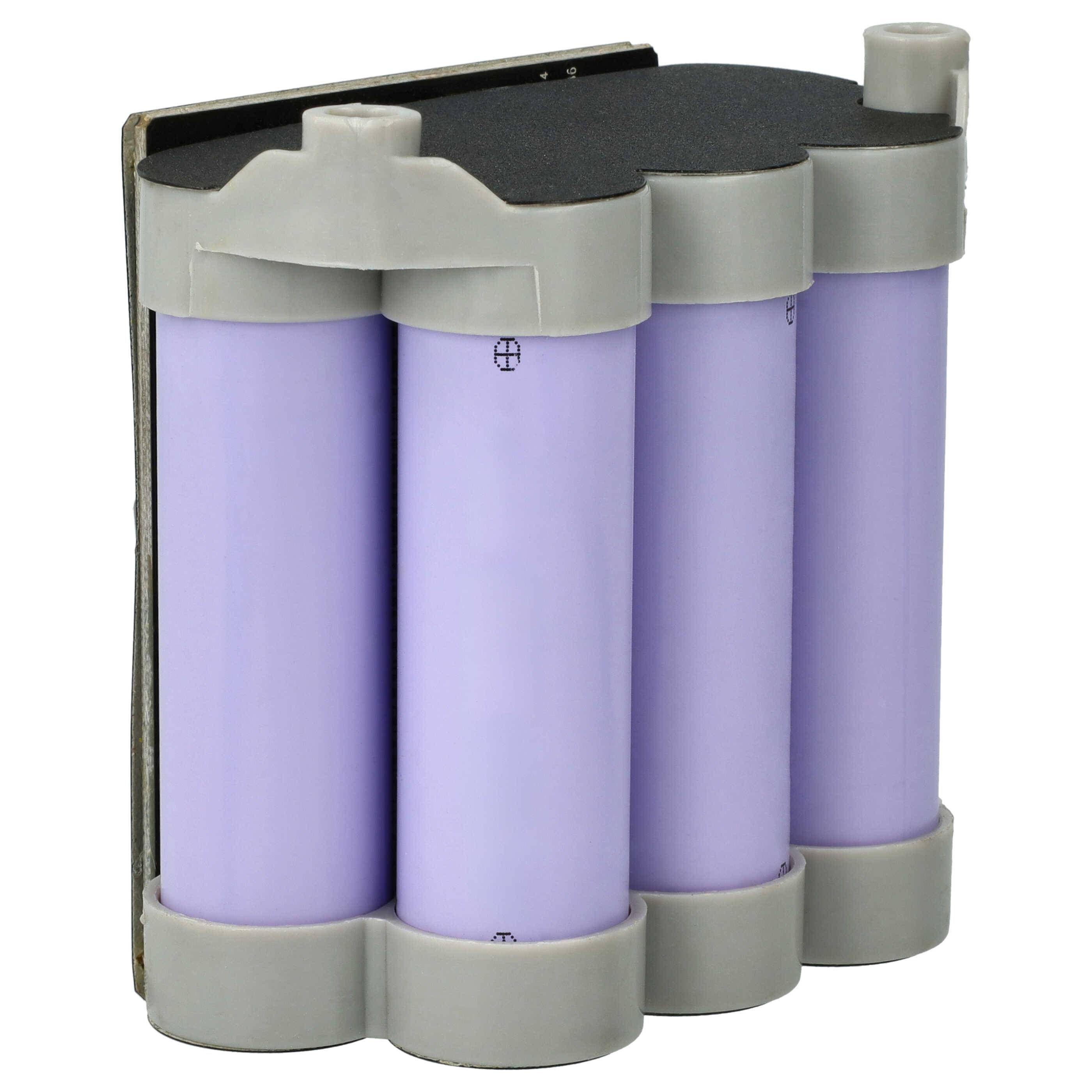 Violettes zylindrisches Lithium-Ionen-Batteriepaket mit drei nebeneinander angeordneten Zellen, in grauem Kunststoff eingefasst, verwendet für Elektronik.