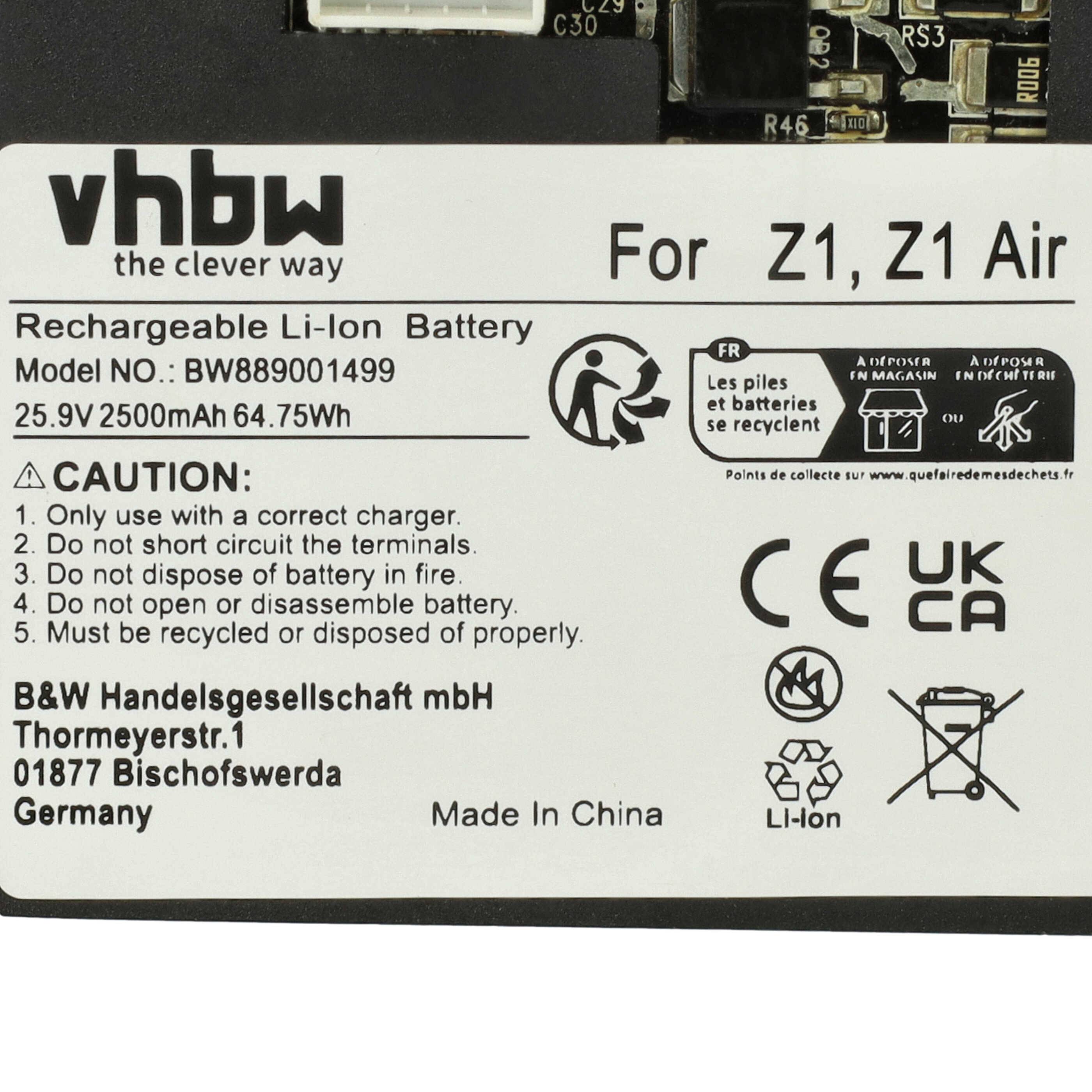 vhbw Wiederaufladbare Li-Ionen-Batterie für Z1, Z1 Air. Modellnummer: B8989001499, 25,9V, 2500mAh, 64,75Wh. Vorsichtsmaßnahmen zur Entsorgung und Verwendung.