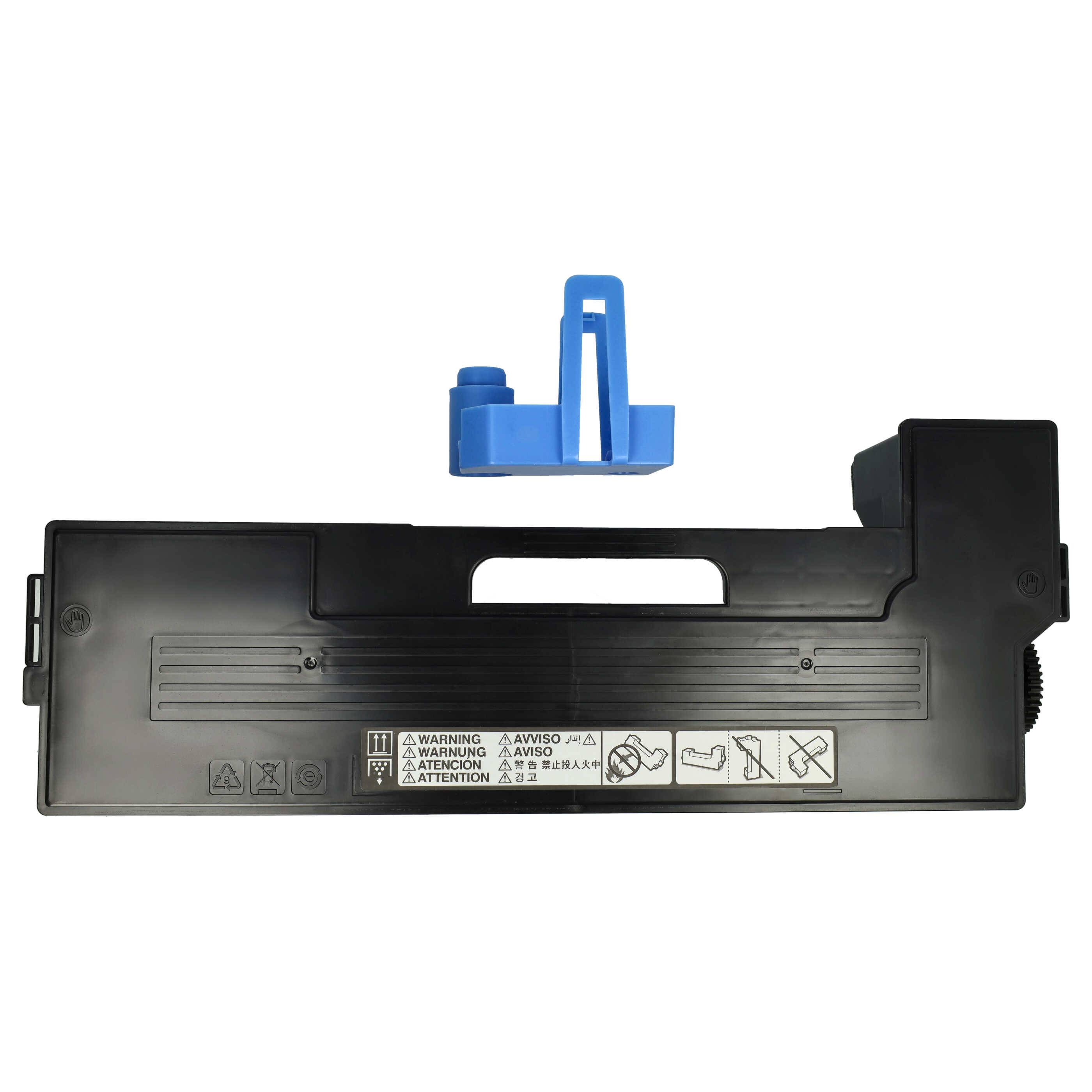 Schwarze Druckertonerkassette mit Warn- und Instruktionsetiketten auf der Vorderseite. Eine blaue Kunststoffkomponente ist oberhalb der Kassette sichtbar.