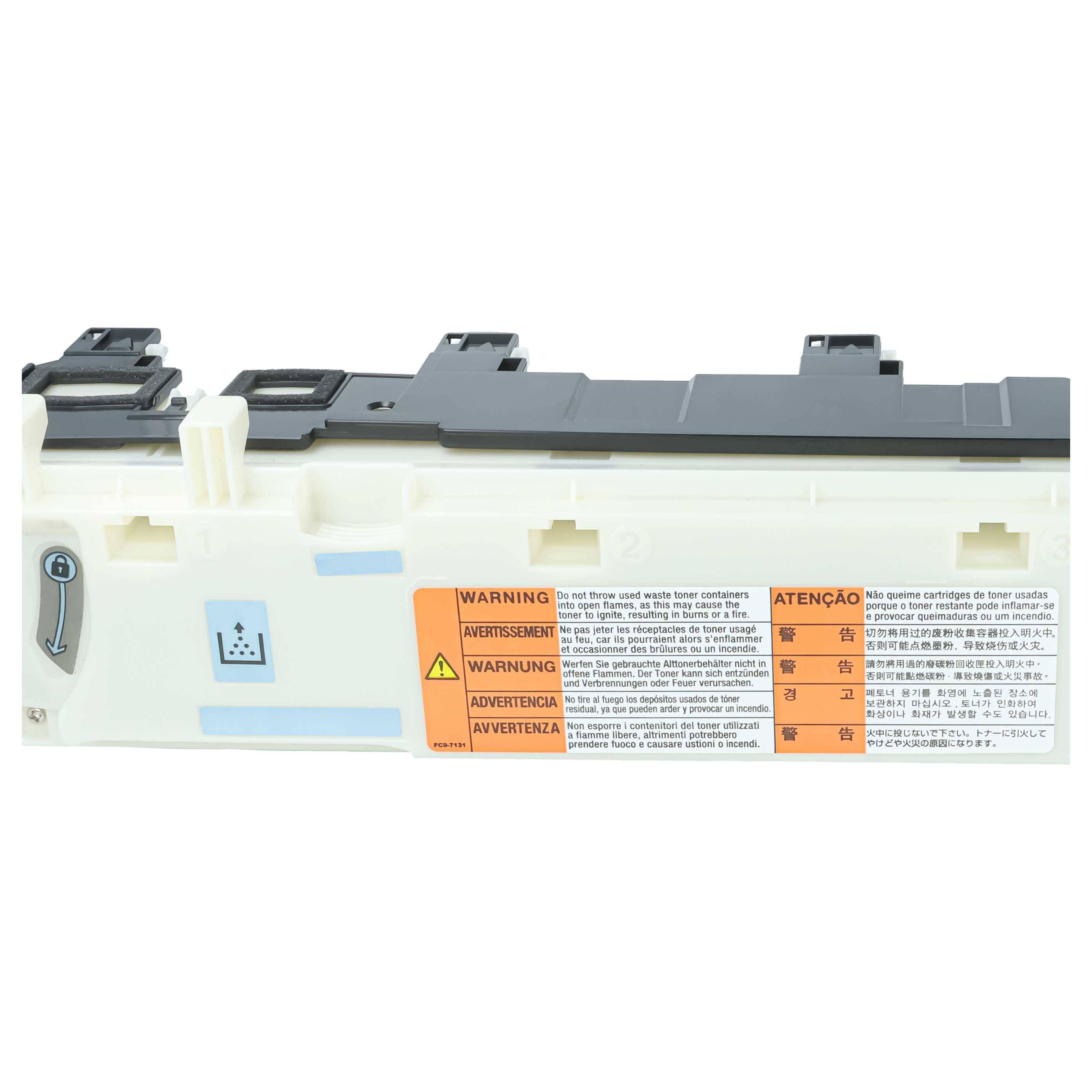 Weiße Druckertonerkassette mit grauem Deckel und Warnaufklebern an der Seite, vor einem neutralen Hintergrund gezeigt.