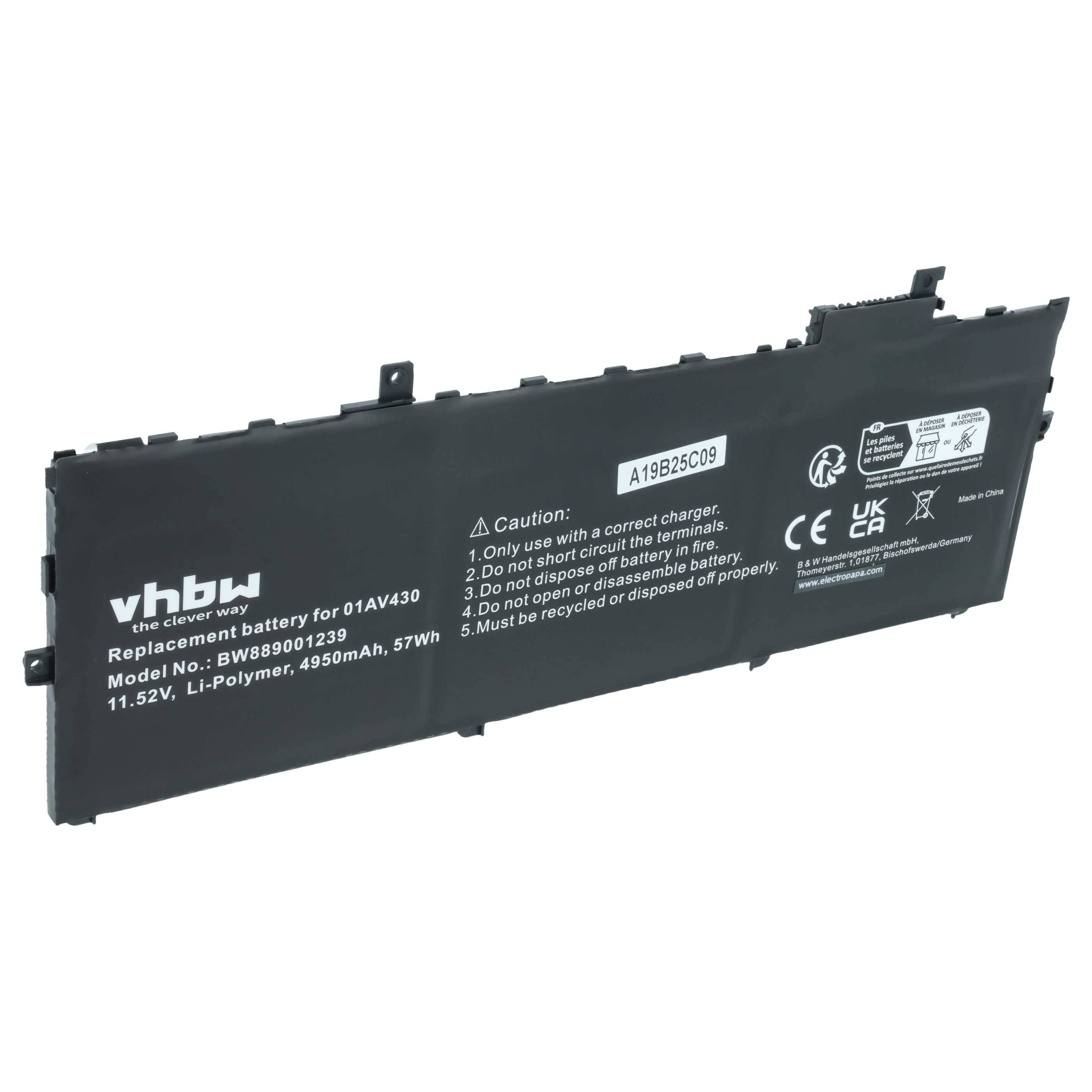 vhbw Akku kompatibel mit Lenovo Thinkpad X1 Carbon G6 2018, 2018, 2017 Notebook (4950 mAh, 11,52 V, Li-Polymer)