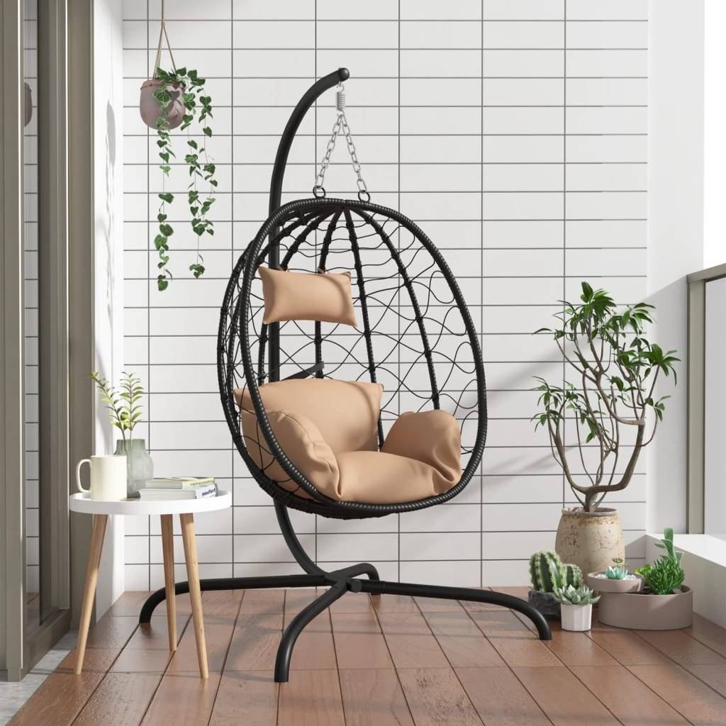 vidaXL Hängesessel Ei mit Kissen Taupe Poly Rattan & Stahl