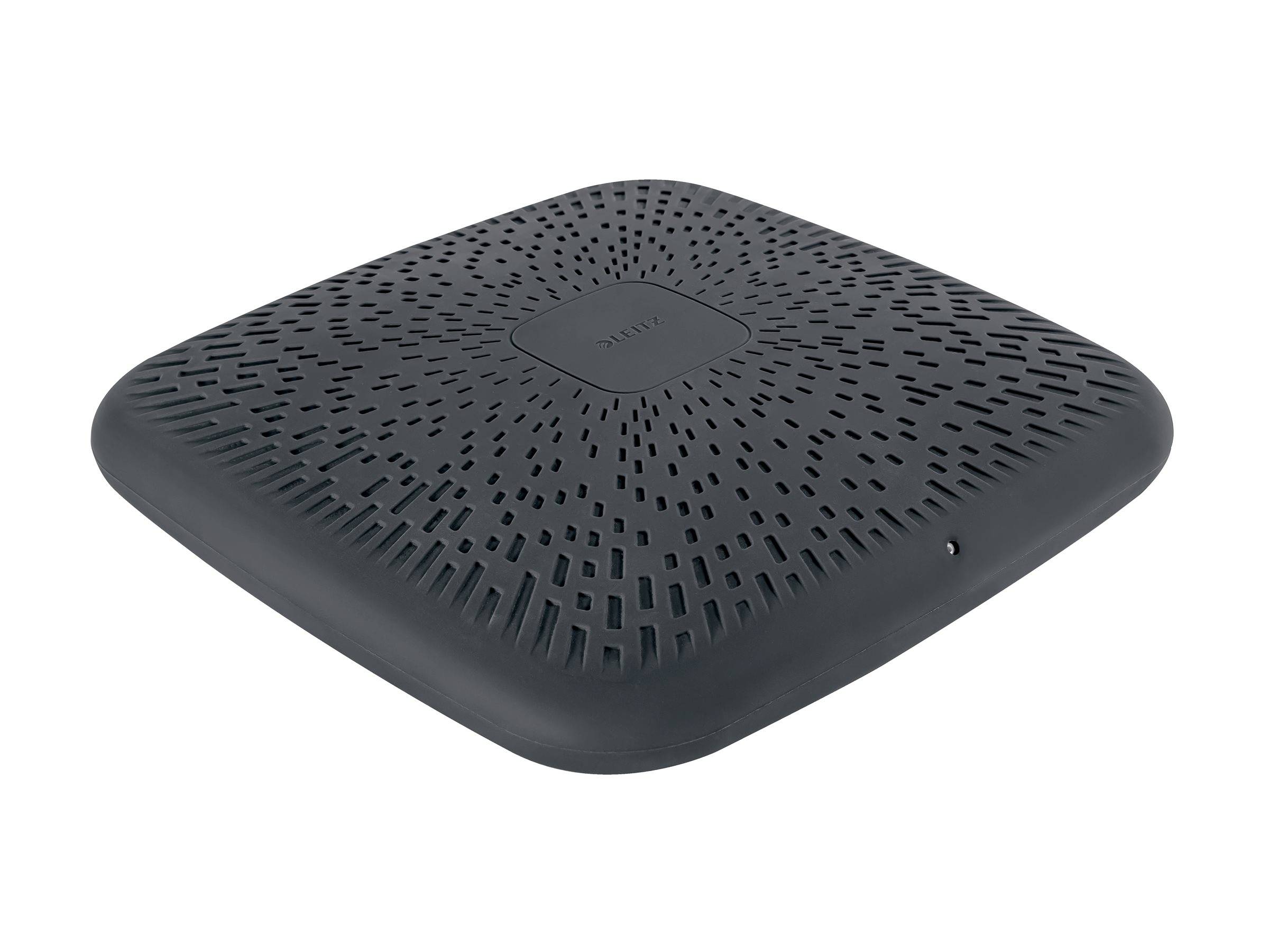 Schwarzes quadratisches WLAN-Router mit abgerundeten Ecken und belüfteten Perforationen, dargestellt auf weißem Hintergrund.