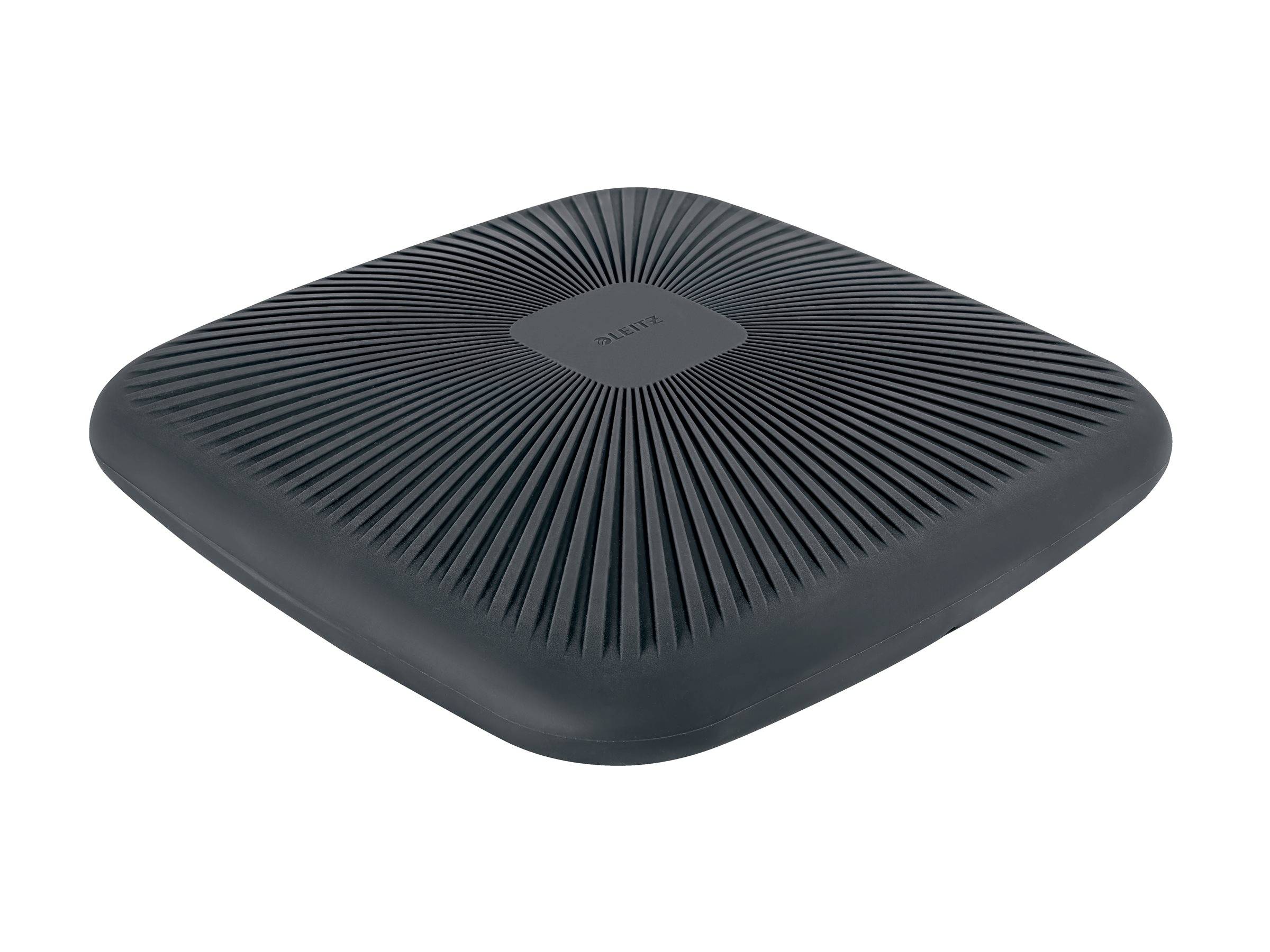 Schwarzer quadratischer WLAN-Router mit ausstrahlenden Rillen und einem kleinen Zentrallogo, dargestellt auf weißem Hintergrund.