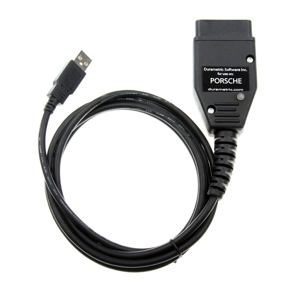 OBD-II-Diagnosekabel für Porsche-Fahrzeuge von Durametric mit USB-Anschluss und schwarzem Gehäuse.
